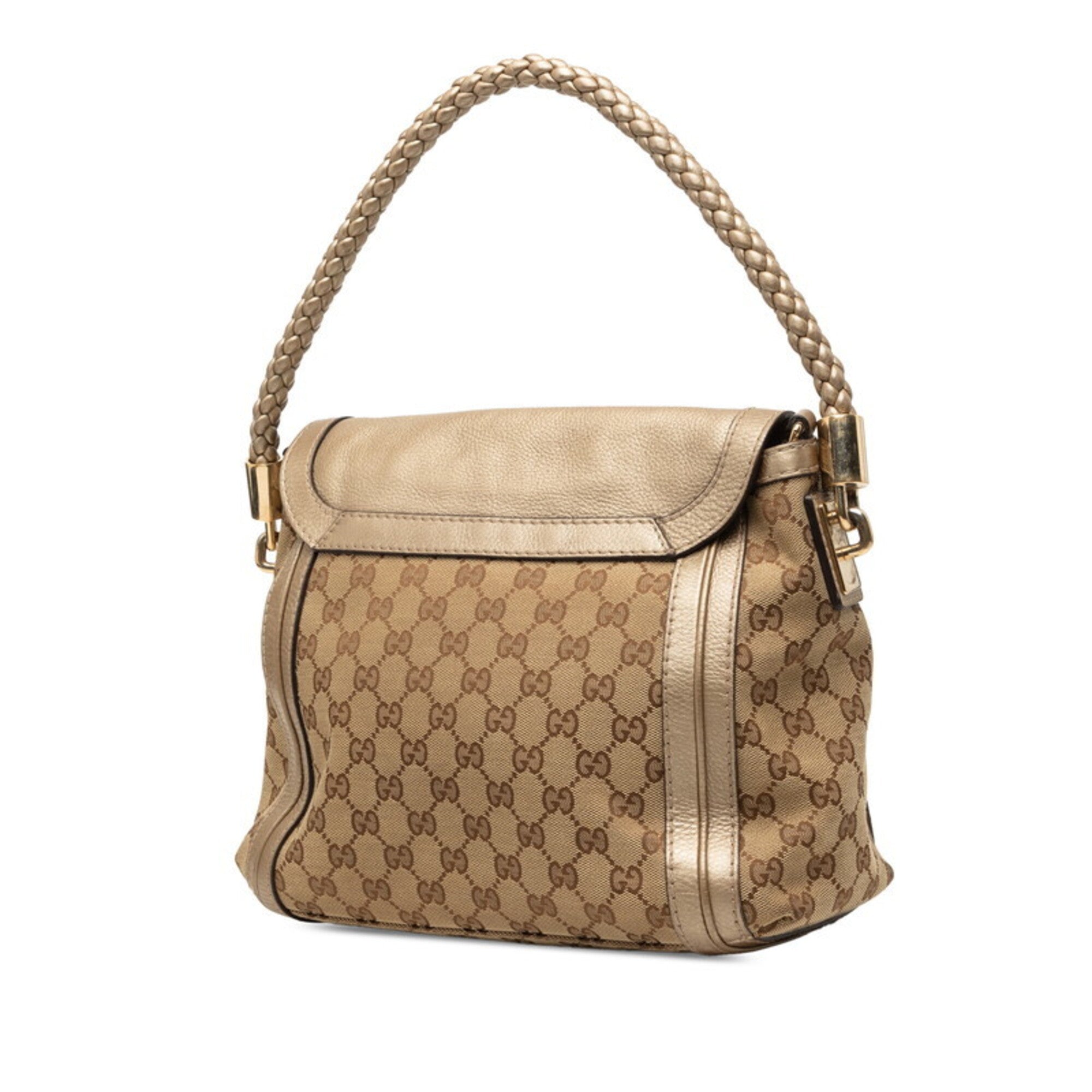 Gucci Beige Gold Canvas Leather Handbag Shoulder Bag (Pre-Owned)