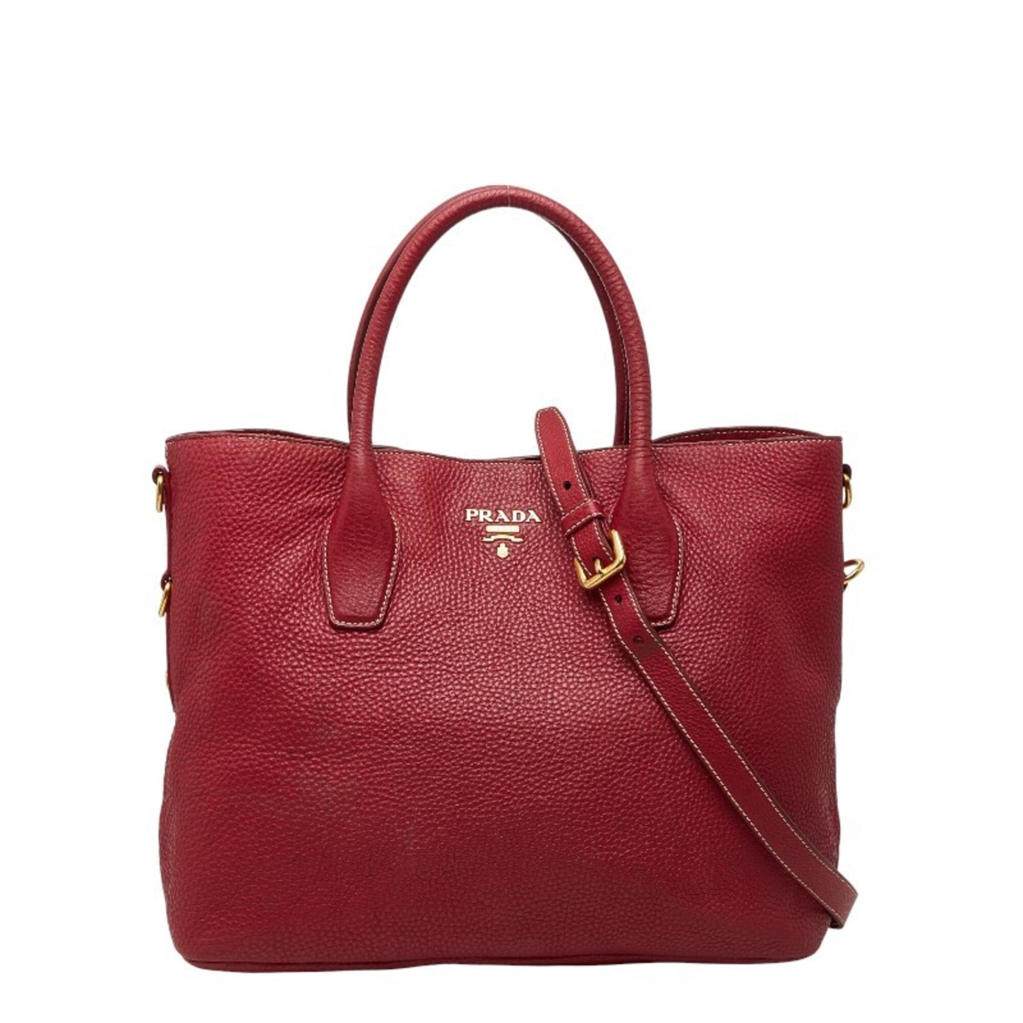 Prada Red Color Leather Shoulder Bag Tote Bag (Pre-Owned)