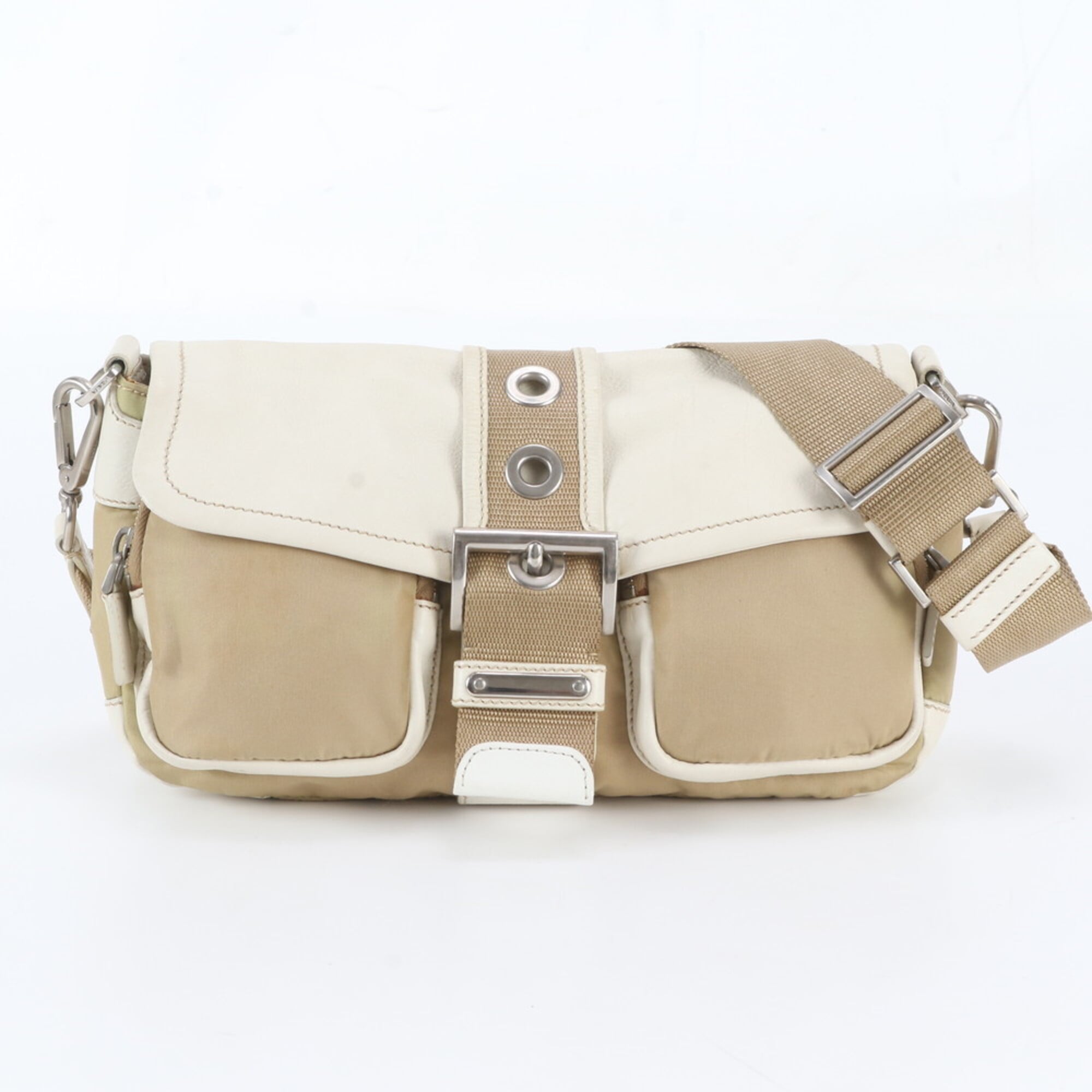 Prada Beige White Leather Nylon Messenger Bag Shoulder Bag (Pre-Owned)