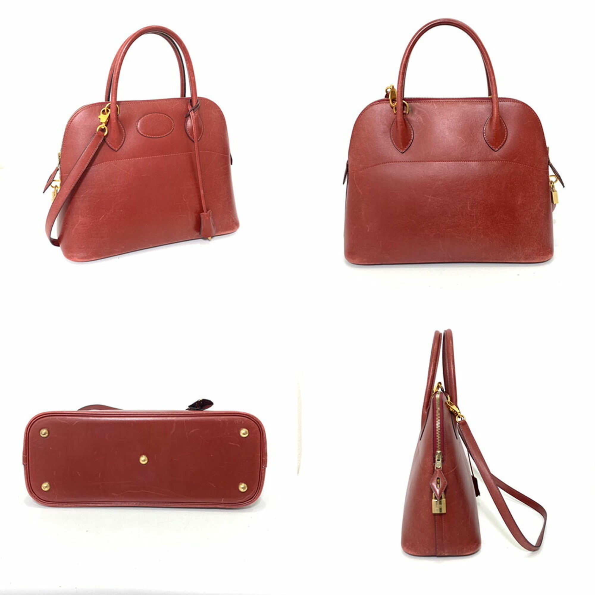 Hermes Bolide Bordeaux Brown Red Color Box Calf Leather Handbag (Pre-Owned)
