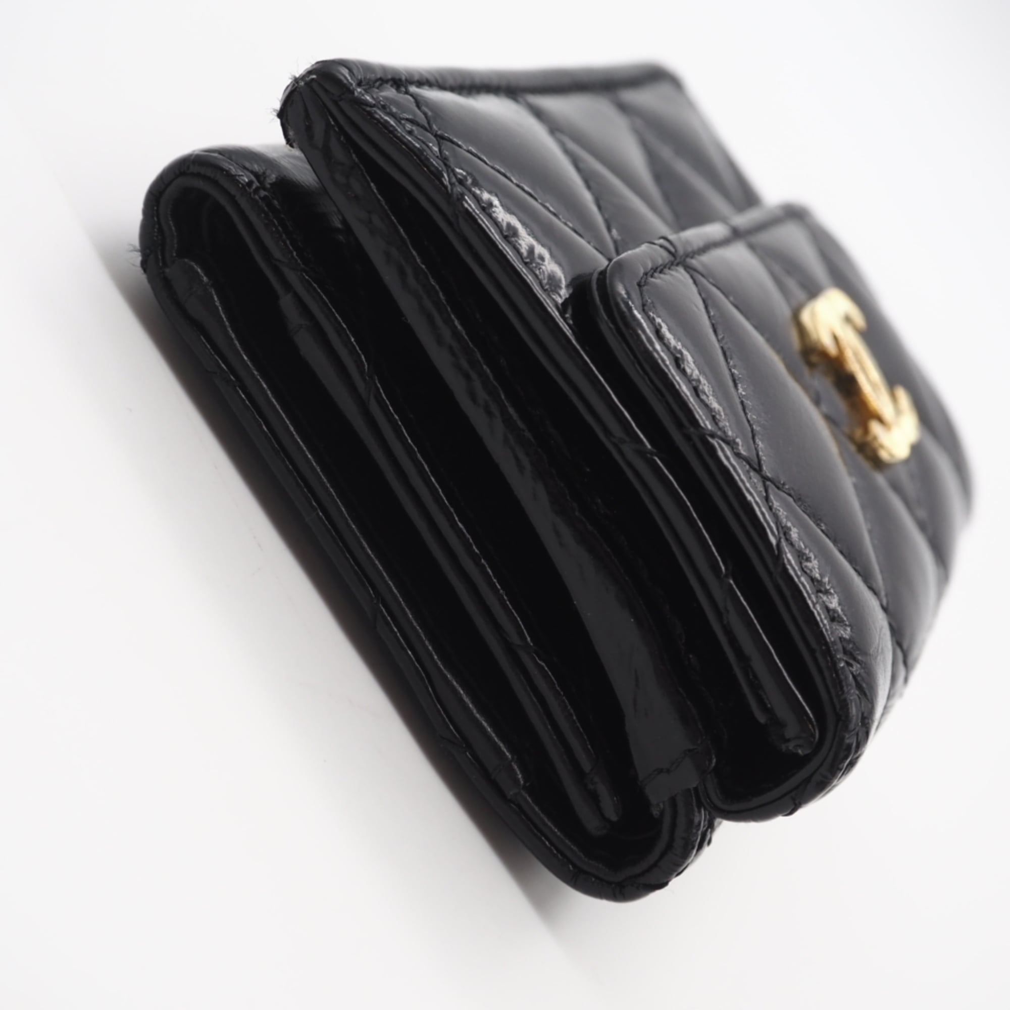 Chanel Matelasse Gold Black Leather Wallet (Tri-Fold) (Pre-Owned)