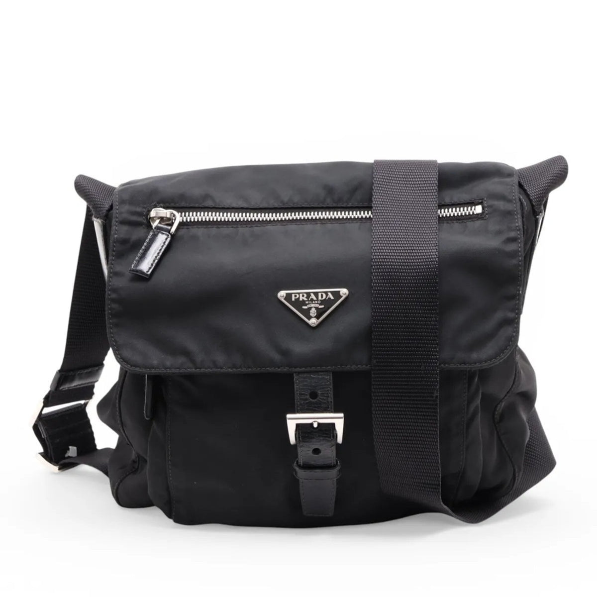 Prada Black Leather Nylon Messenger Bag Shoulder Bag (Pre-Owned)