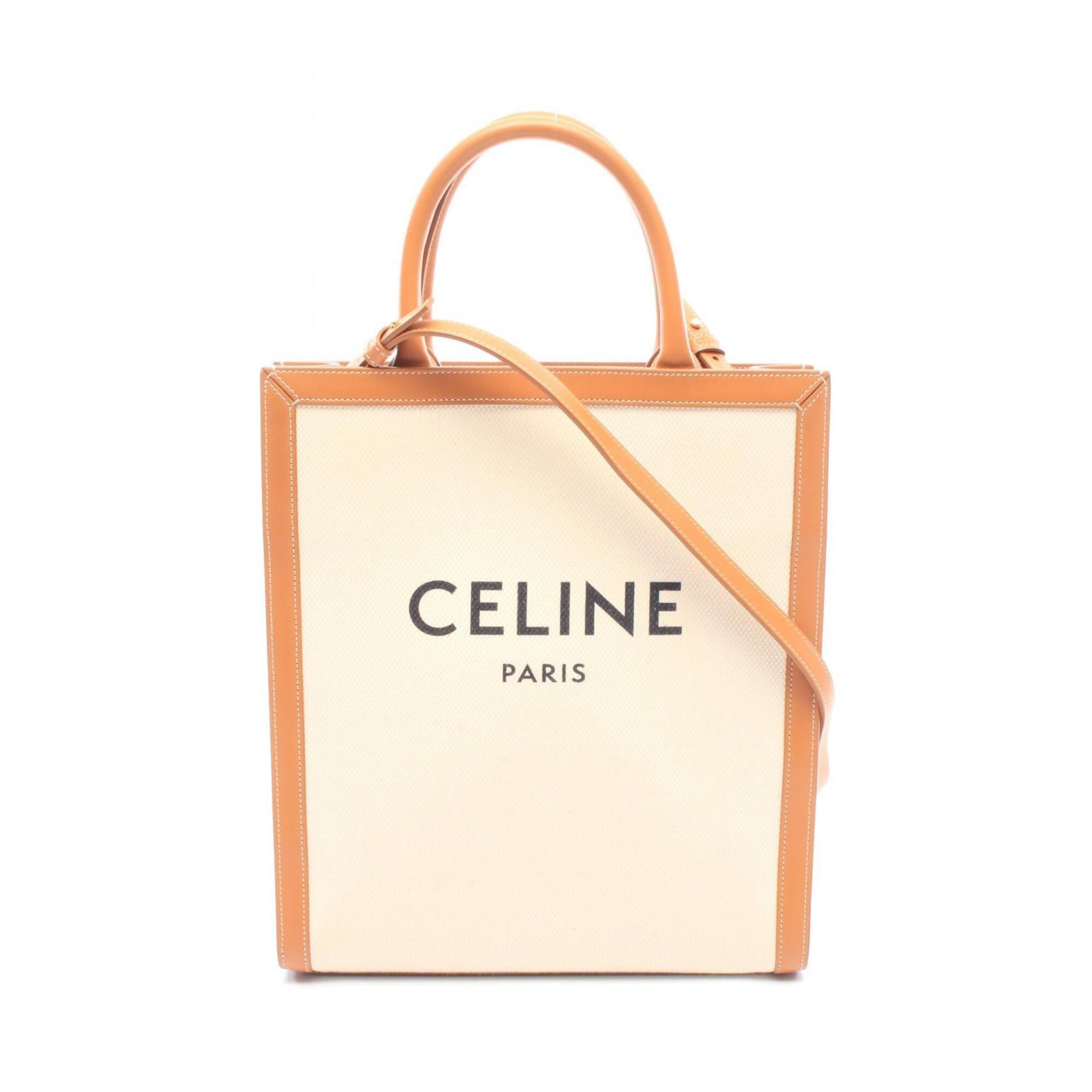 Celine Brown Ivory Canvas Leather Handbag Tote Bag (Pre-Owned)
