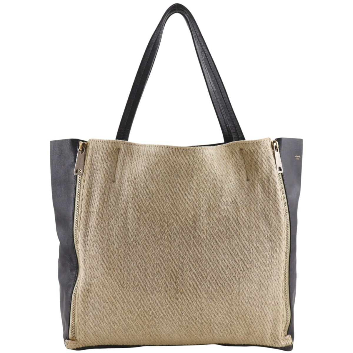 Celine Cabas Beige Black Linen Leather Tote Bag (Pre-Owned)