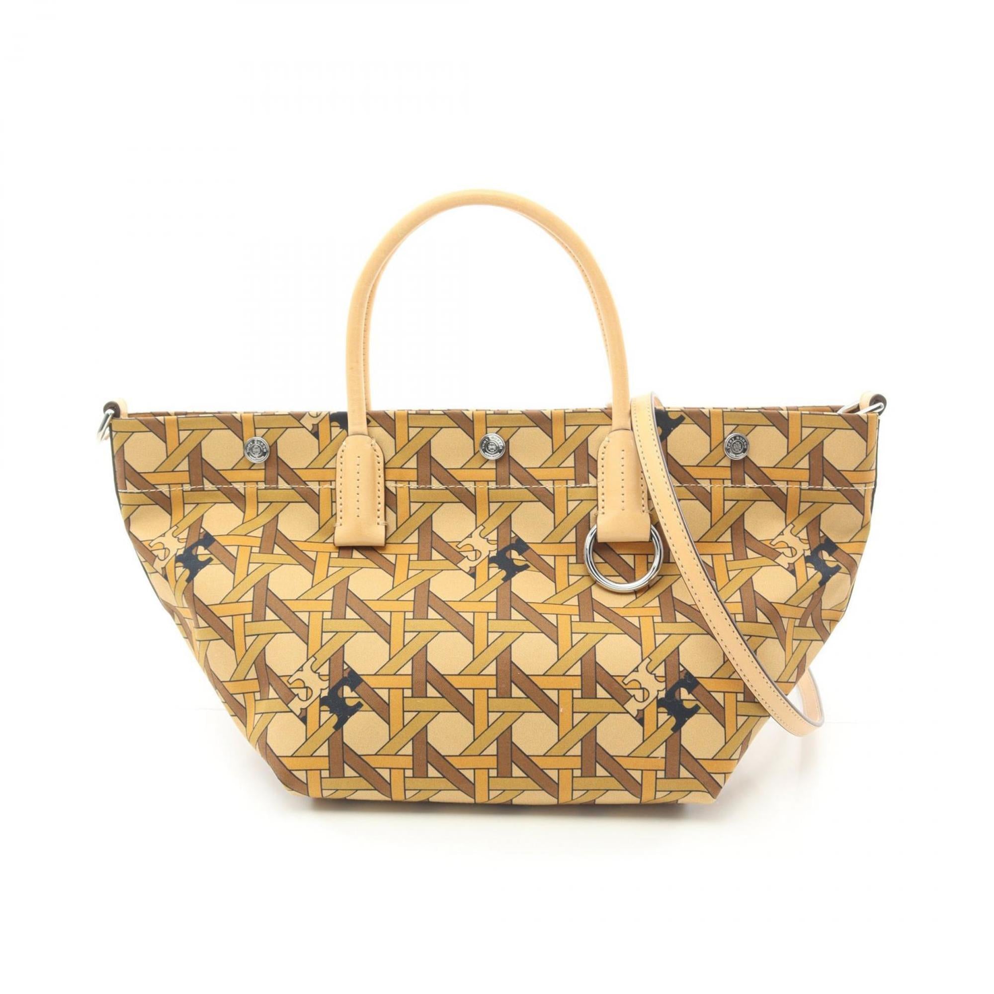 Tory Burch Beige Multi-Color Canvas Leather Basket Tote Bag (Pre-Owned)