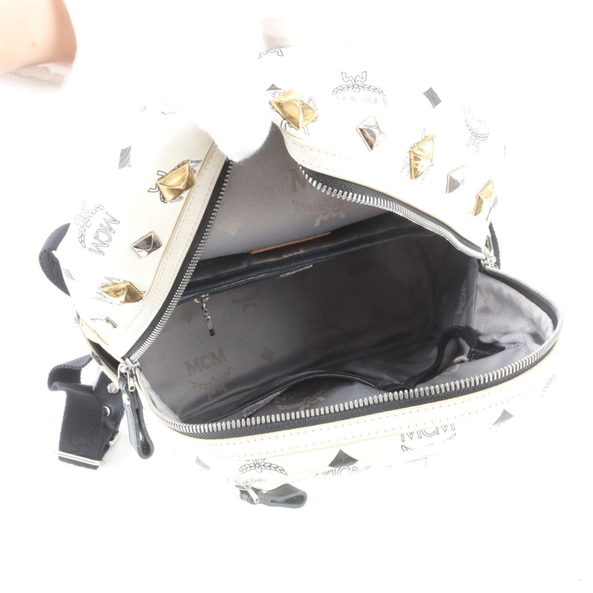 Mcm White Leather Coated Canvas Backpack Shoulder Bag (Pre-Owned)