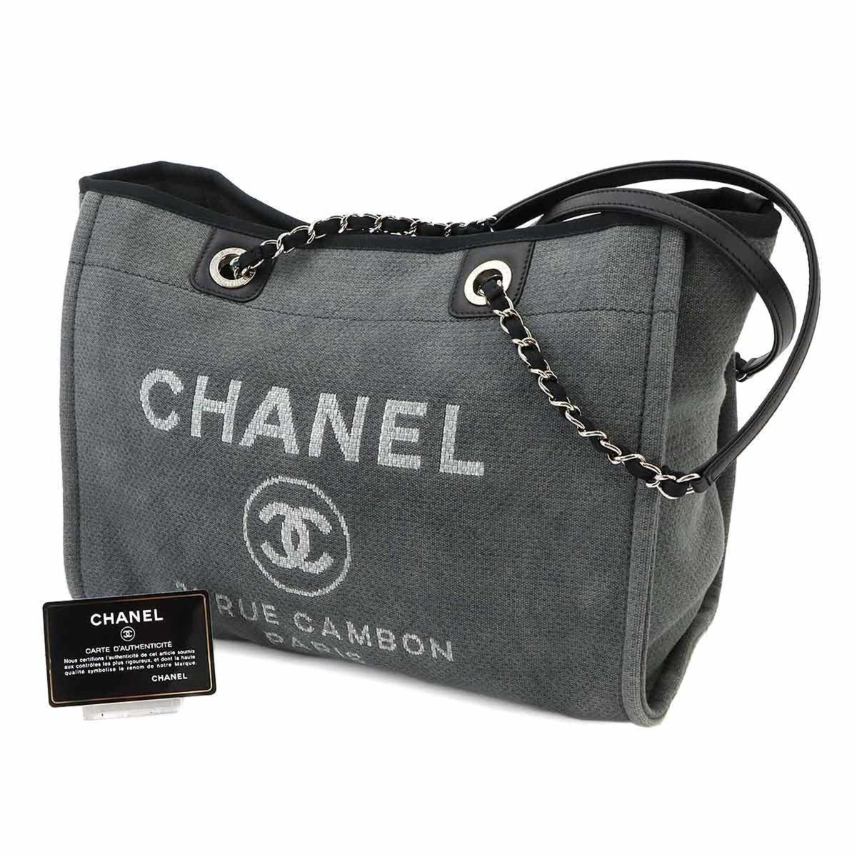 Chanel Black Gray Canvas Leather Handbag Tote Bag (Pre-Owned)