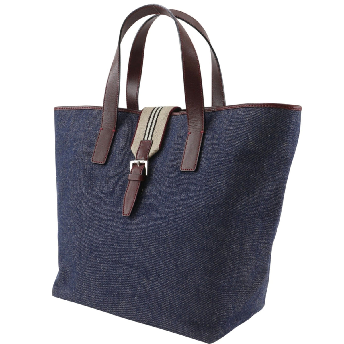 Burberry Bordeaux Navy Denim Leather Canvas Tote Bag (Pre-Owned)
