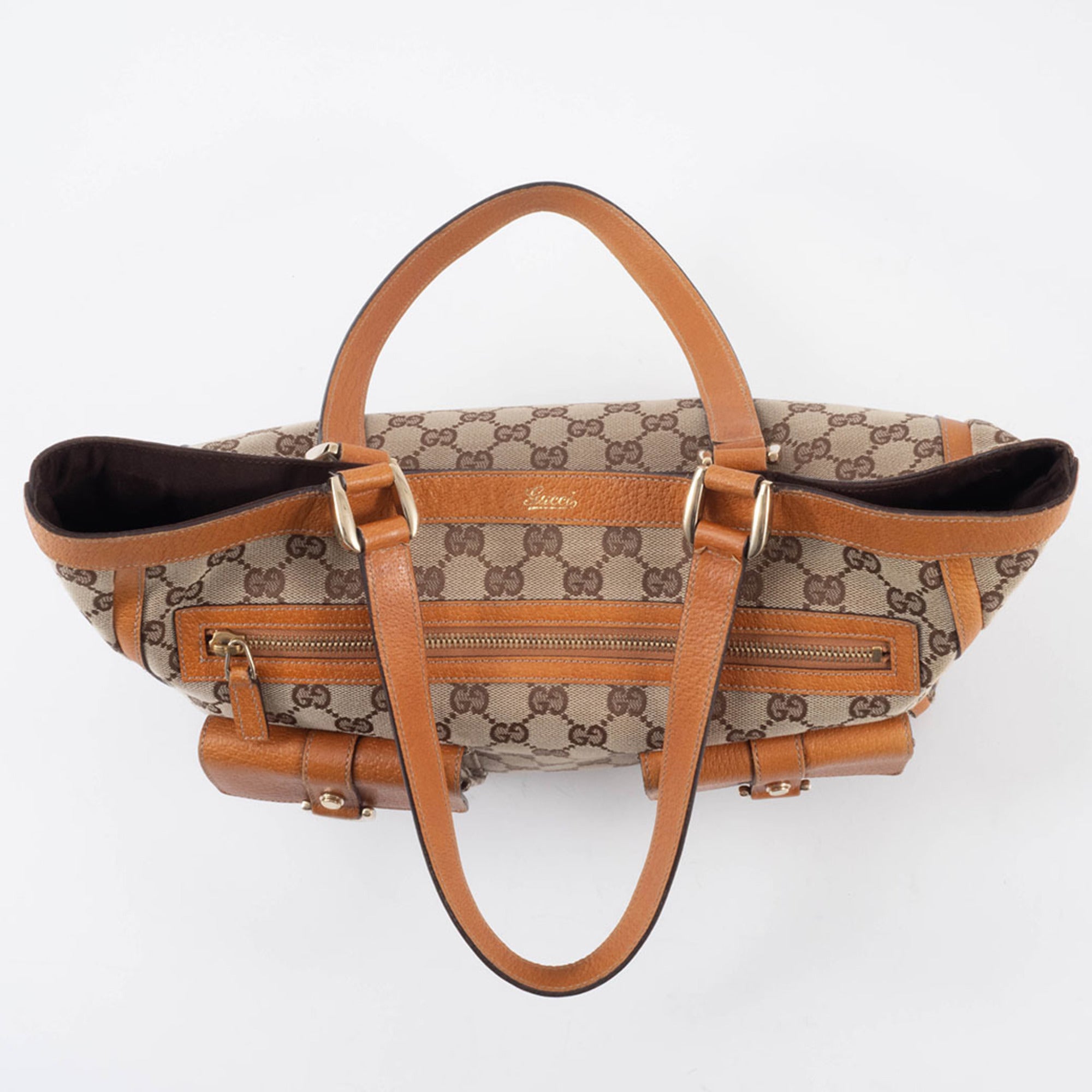 Gucci Abbey Beige Brown Gg Canvas Leather Tote Bag (Pre-Owned)