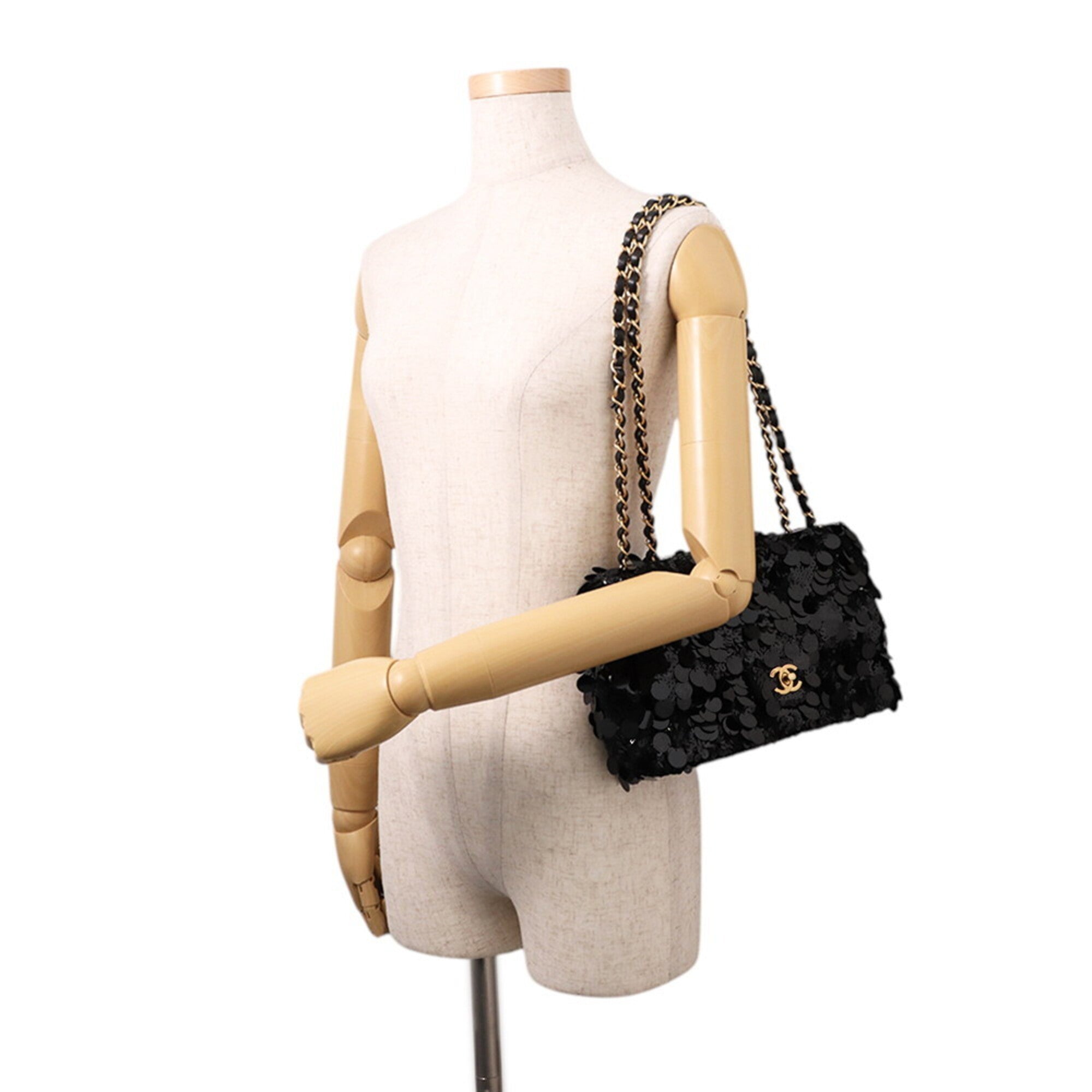 Chanel Matelasse Black Satin Leather Spangles Handbag Shoulder Bag (Pre-Owned)