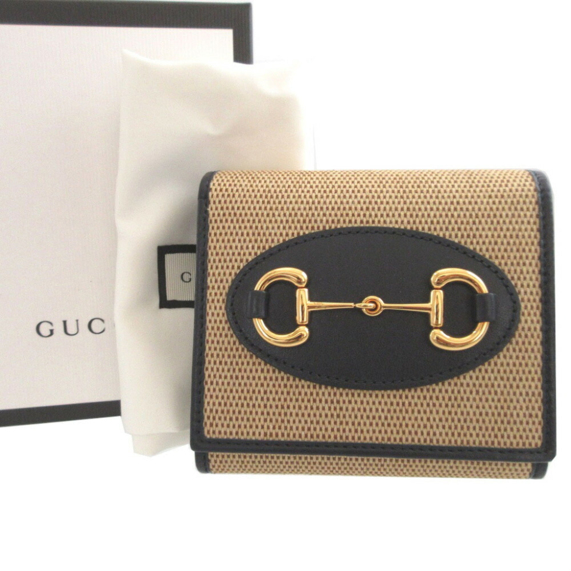 Gucci Beige Navy Canvas Leather Wallet (Tri-Fold) (Pre-Owned)