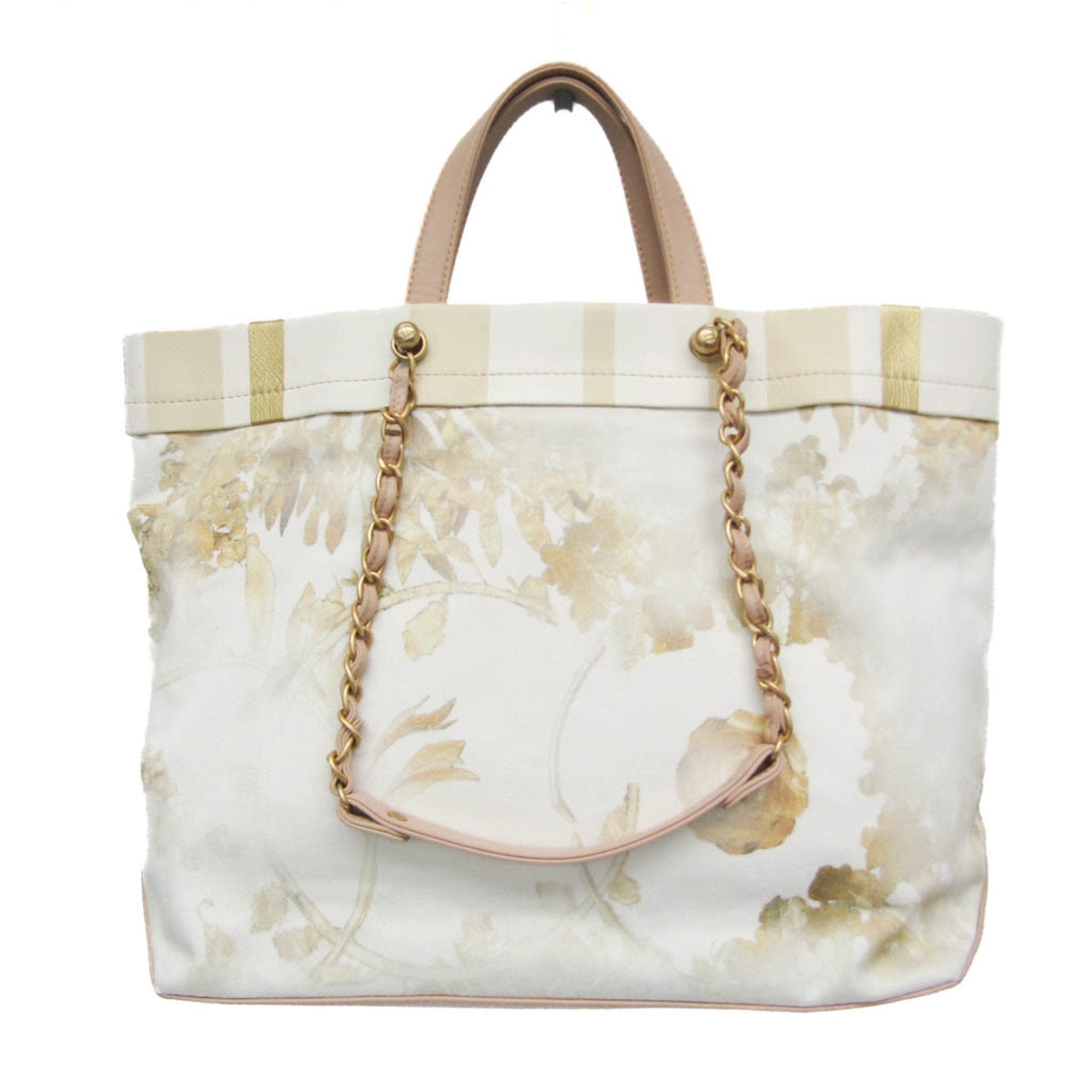 Chanel Multi-Color Pink Beige Canvas Leather Handbag Tote Bag (Pre-Owned)