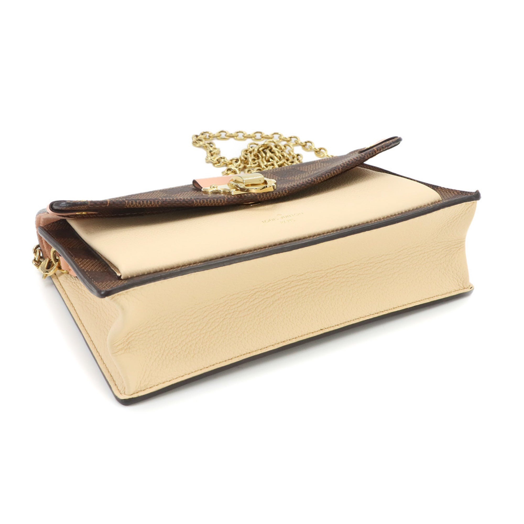 Louis Vuitton Damier Ebene Ivory Pink Damier Canvas Leather Chain/Shoulder Wallet (Pre-Owned)