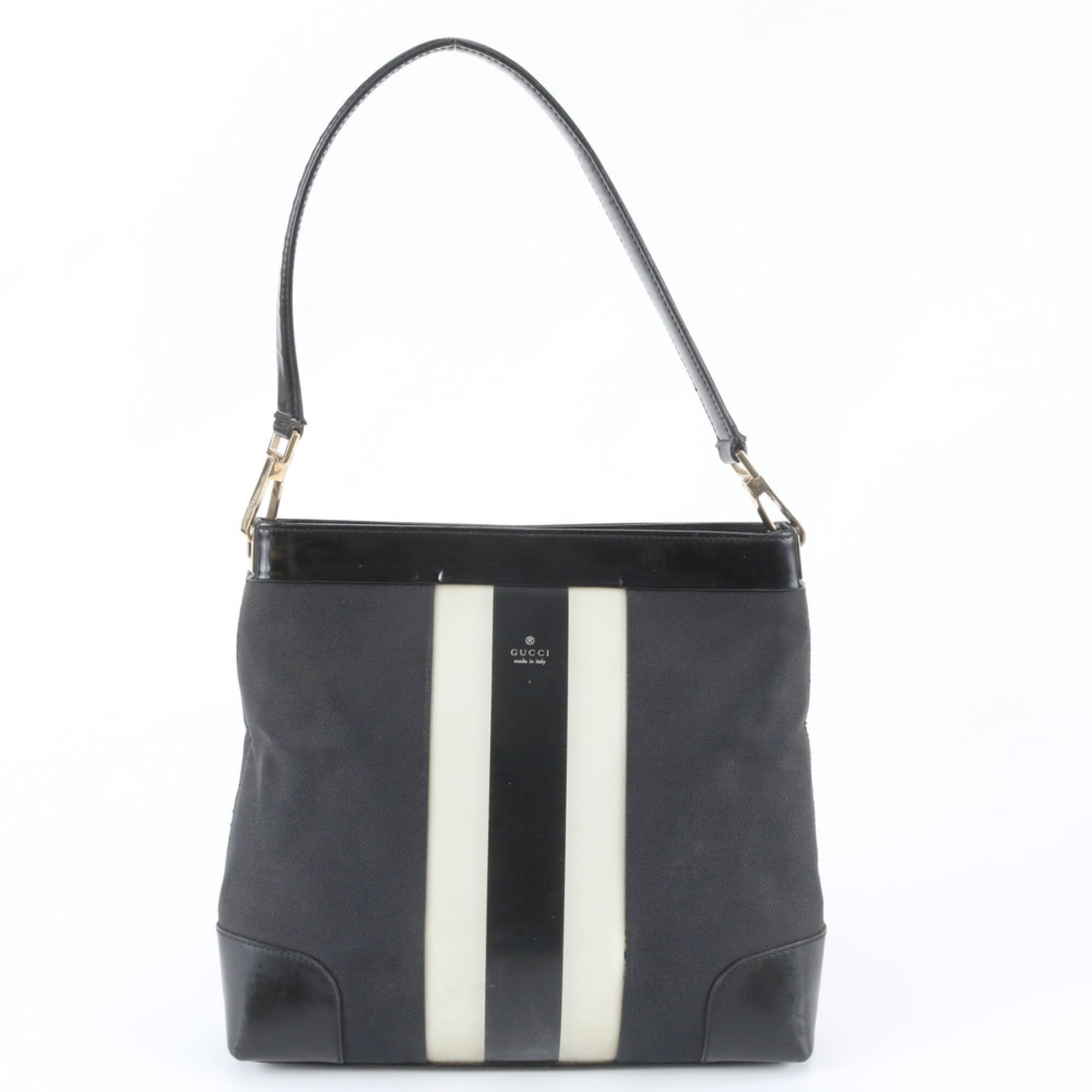 Gucci Black White Leather Canvas Handbag Shoulder Bag (Pre-Owned)