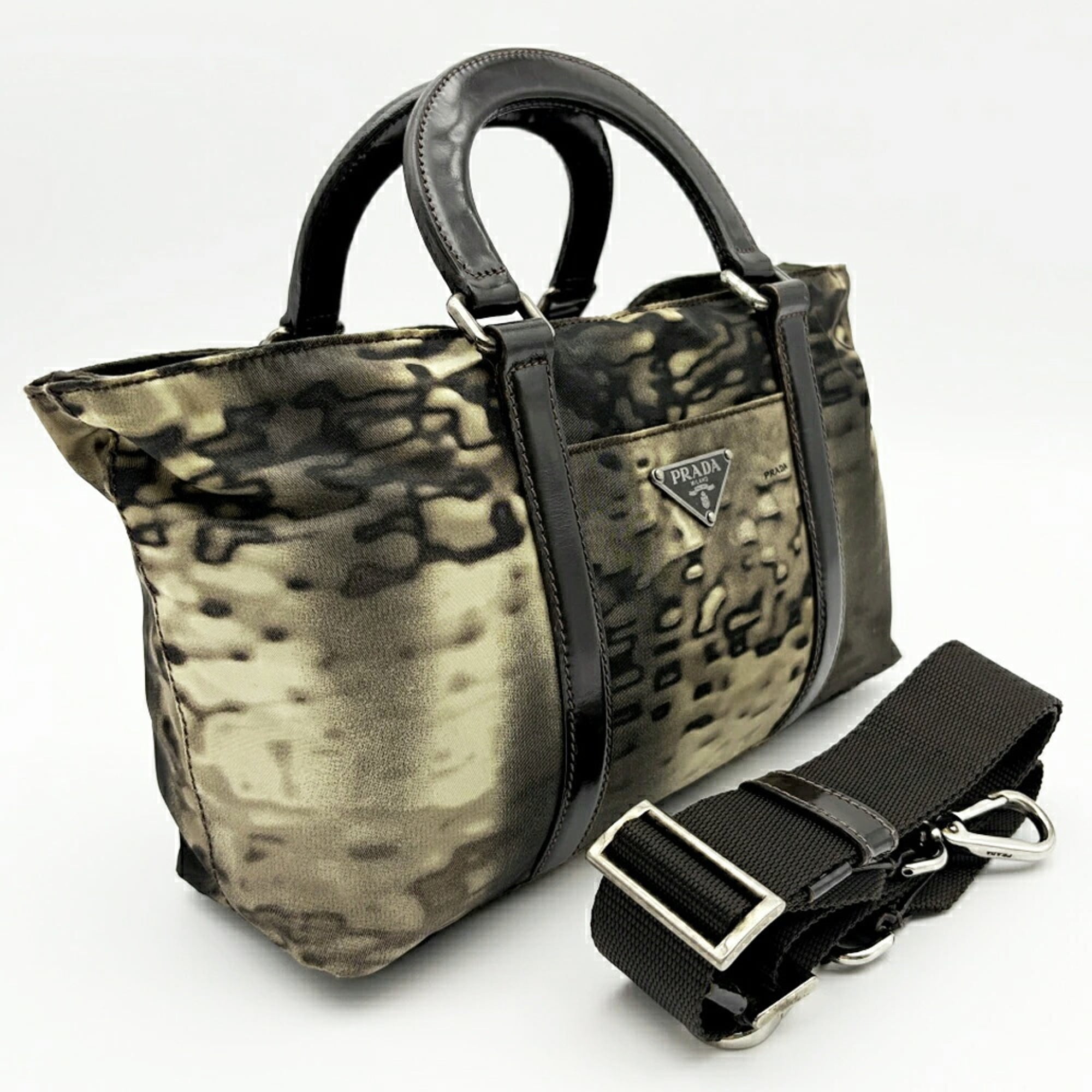 Prada Beige Black Brown Khaki Nylon Patent Leather Handbag Shoulder Bag (Pre-Owned)