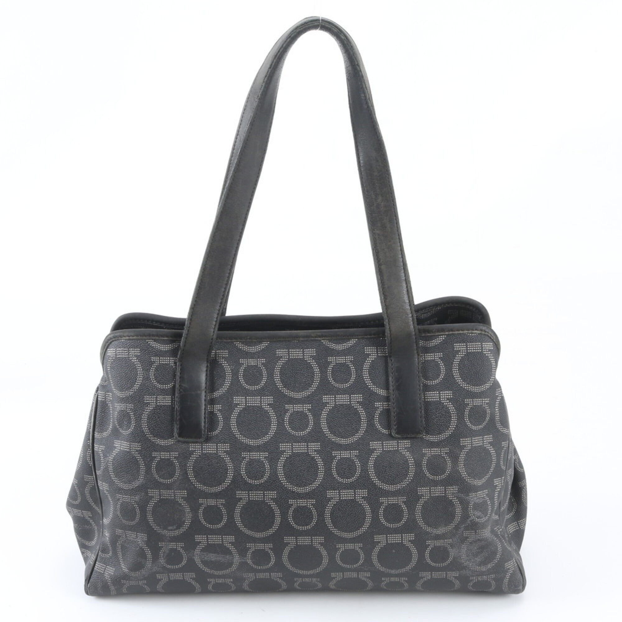 Salvatore Ferragamo Black Leather Coated Canvas Handbag Shoulder Bag Tote Bag (Pre-Owned)