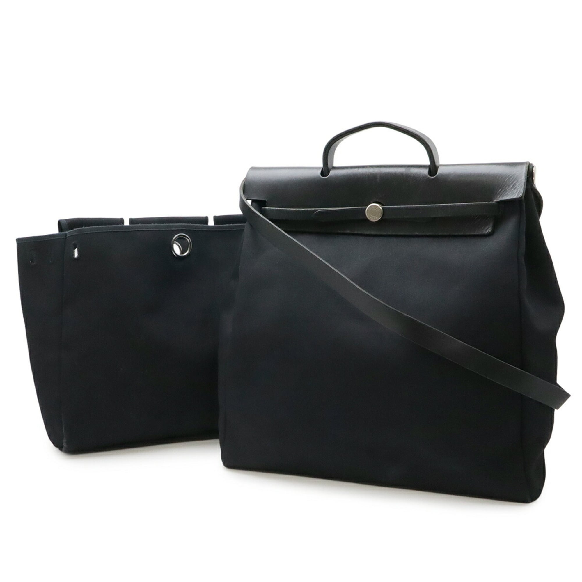 Hermes Her Bag Black Toile Officier Leather Handbag Shoulder Bag (Pre-Owned)