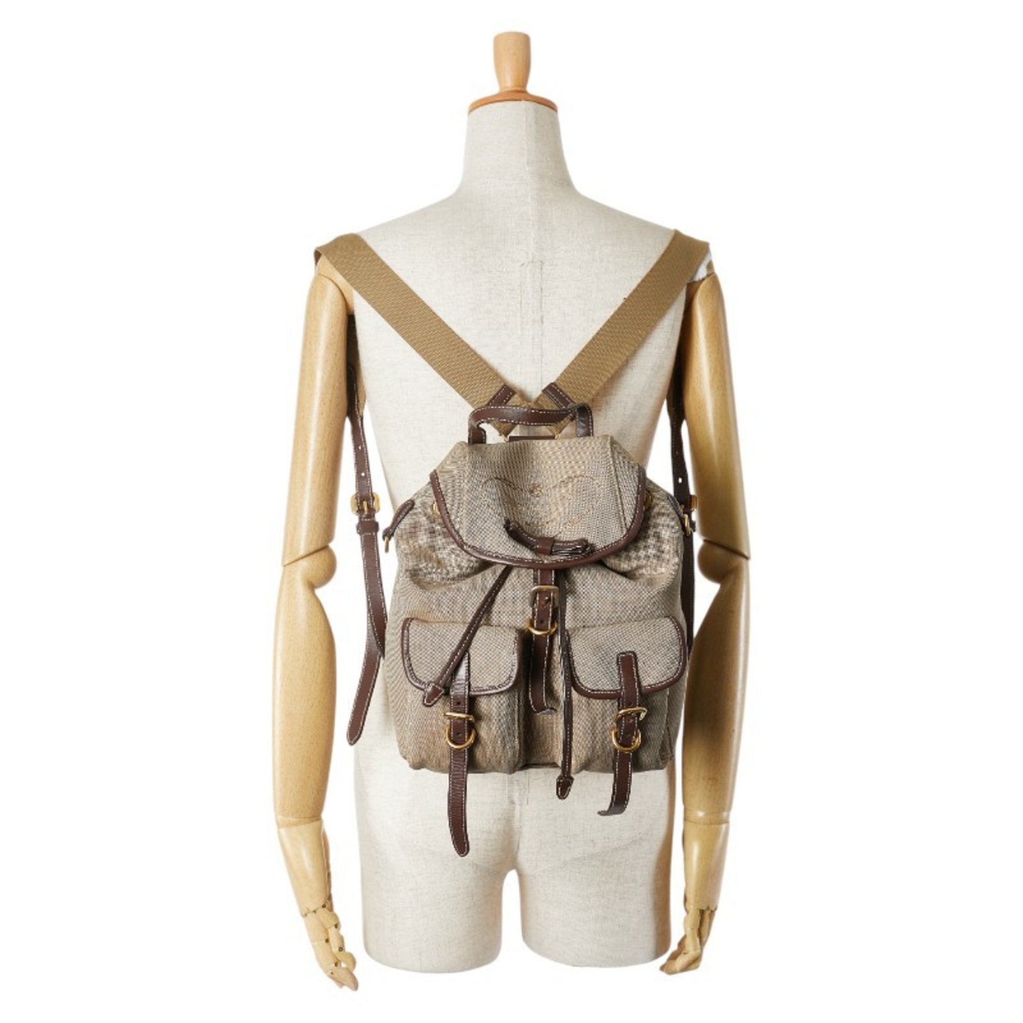 Prada Beige Brown Canvas Leather Backpack (Pre-Owned)