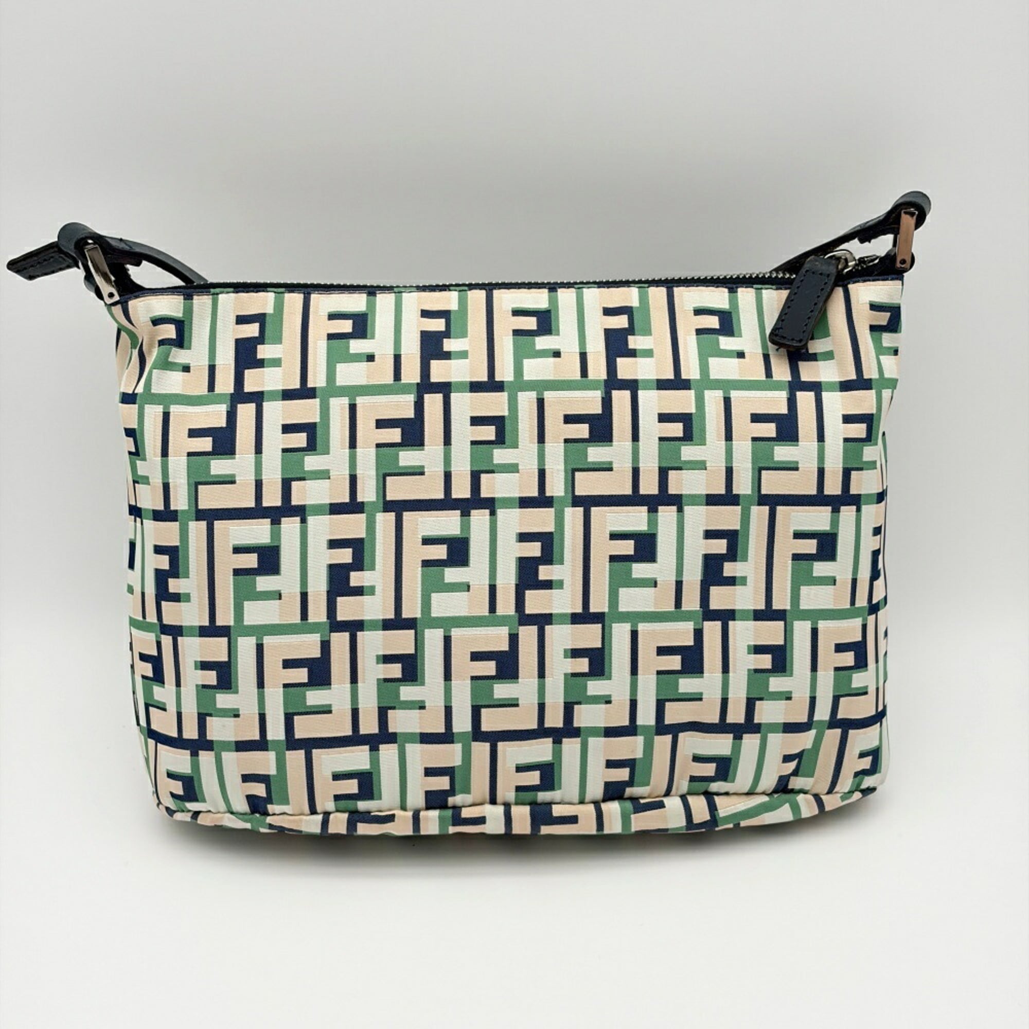 Fendi Beige Green Ivory Navy Zucca Nylon Canvas Leather Shoulder Bag (Pre-Owned)