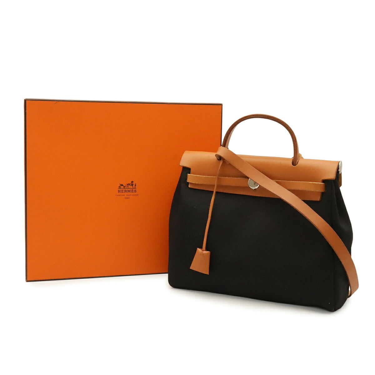 Hermes Her Bag Black Brown Light Brown Toile Officier Leather Handbag Shoulder Bag (Pre-Owned)