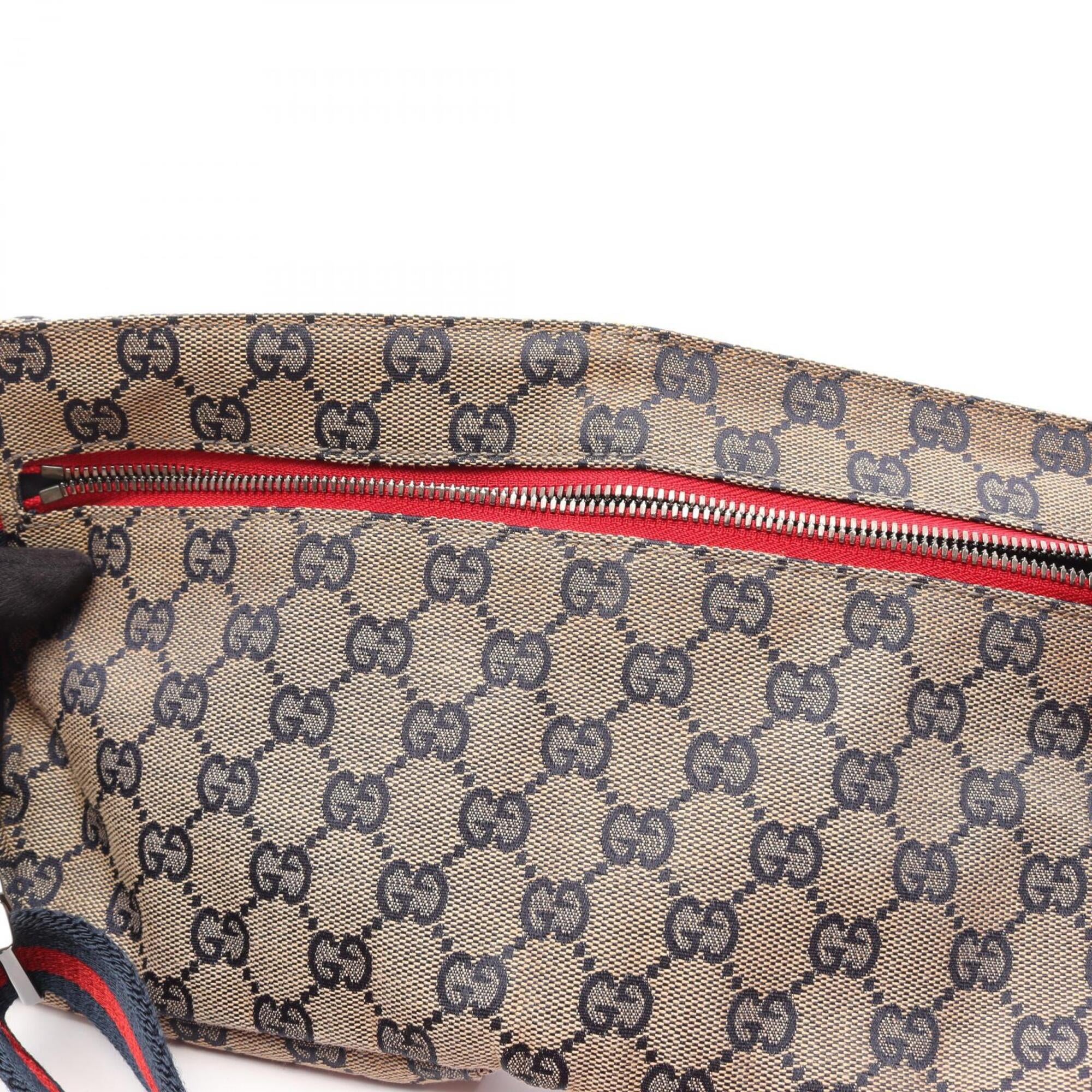 Gucci Beige Navy Red Color Canvas Leather Fanny Pack Handbag (Pre-Owned)