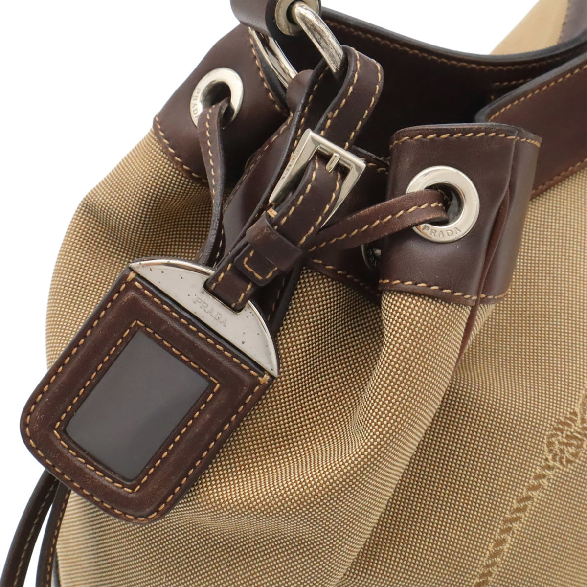 Prada Beige Dark Brown Khaki Canvas Leather Shoulder Bag (Pre-Owned)
