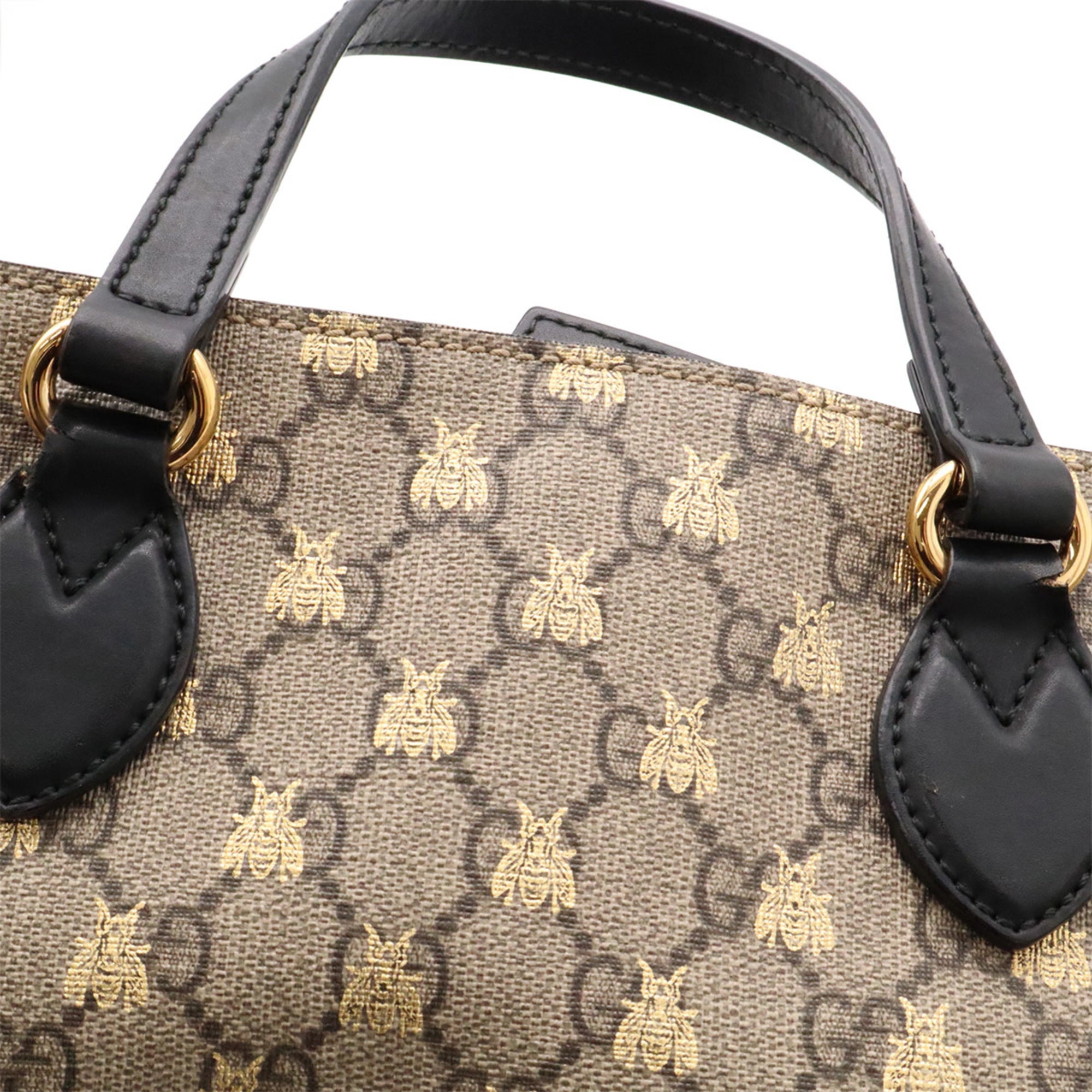 Gucci Beige Black Gold Gg Supreme Canvas Leather Handbag Shoulder Bag Tote Bag (Pre-Owned)