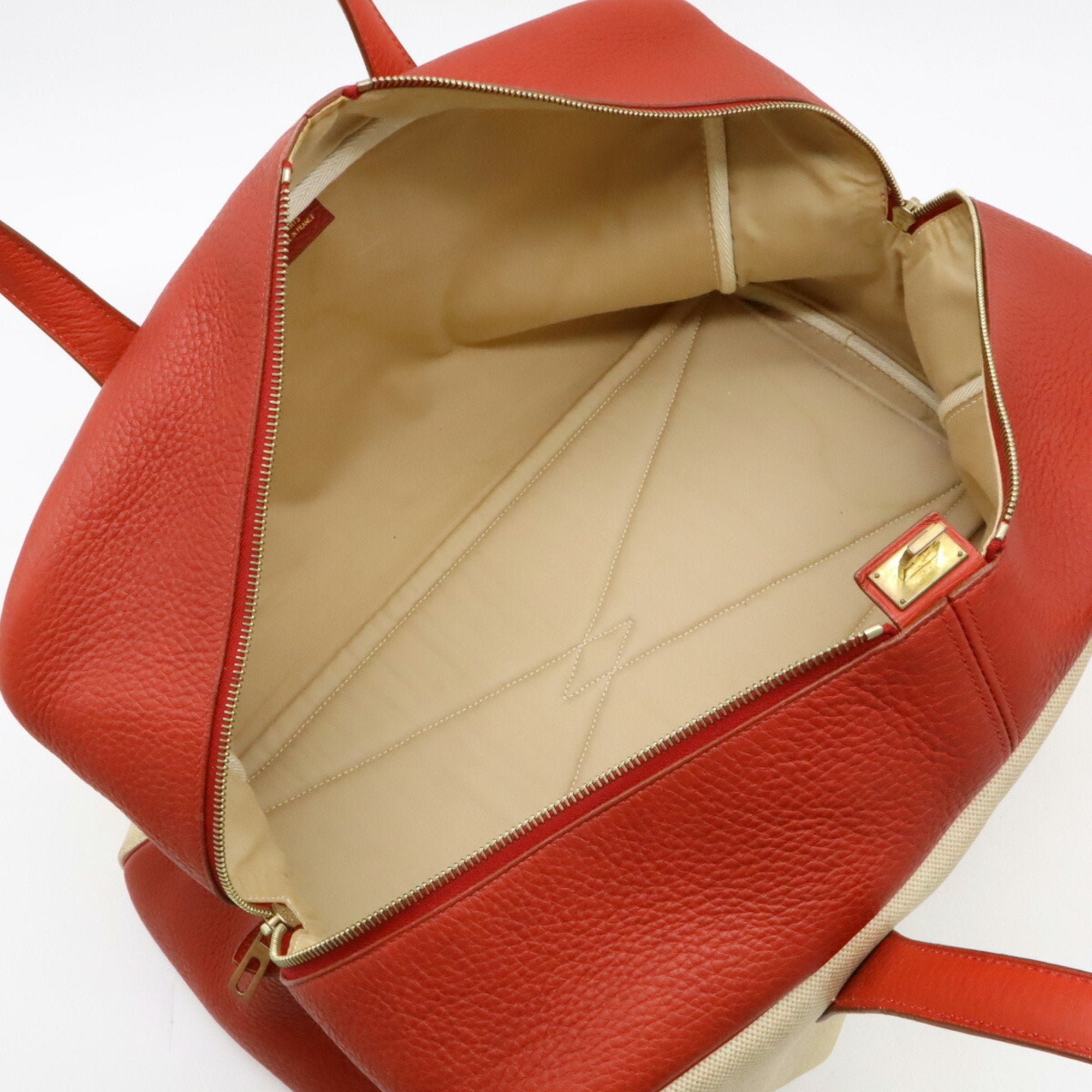 Hermes Beige Red Color Toile H Leather Boston Bag Handbag (Pre-Owned)