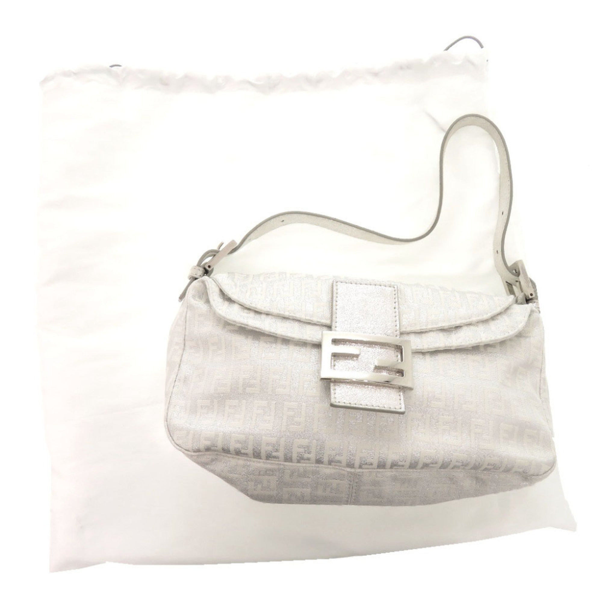 Fendi Silver Canvas Leather Handbag Shoulder Bag (Pre-Owned)