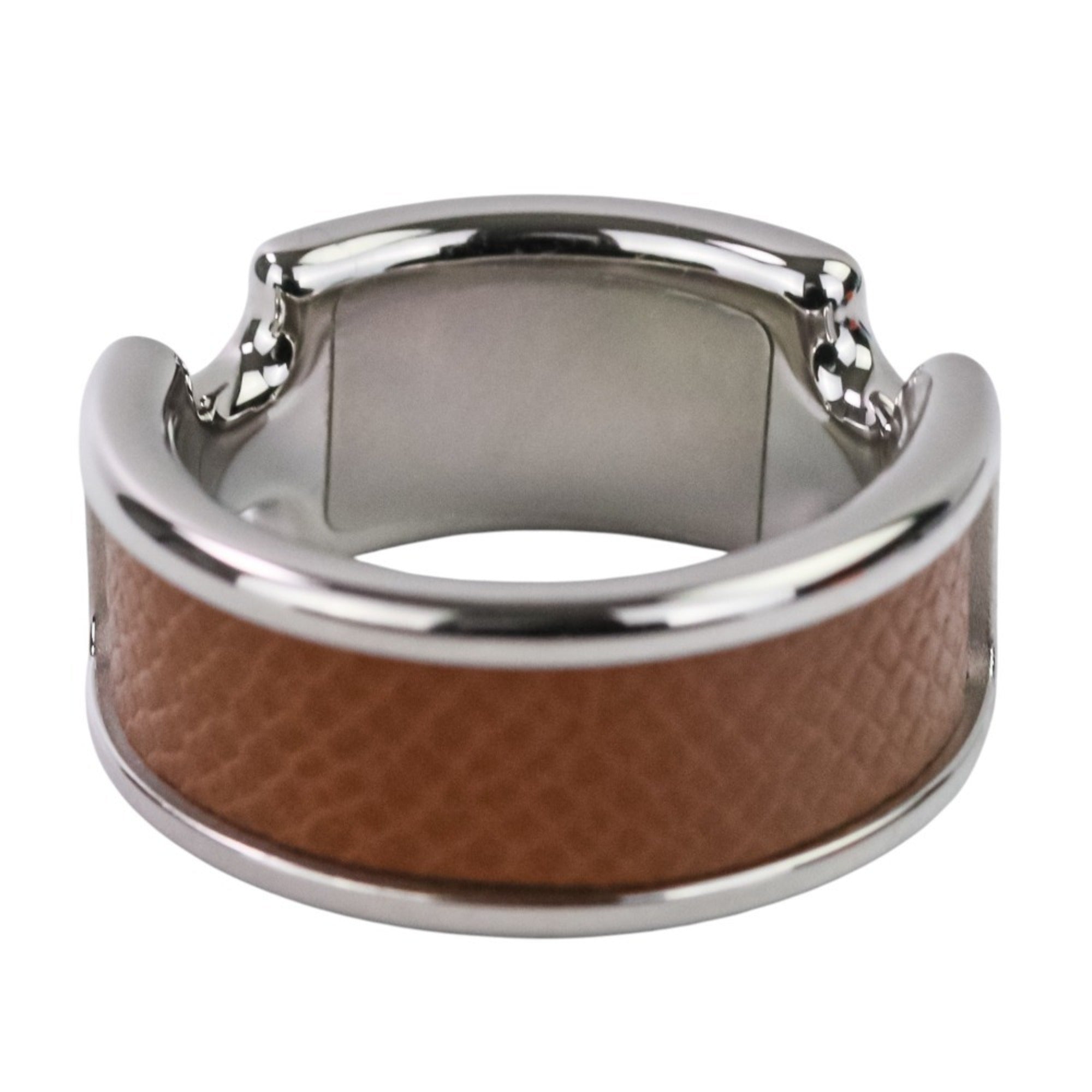 Hermes Silver Brown Leather Metal Band Ring (Pre-Owned)