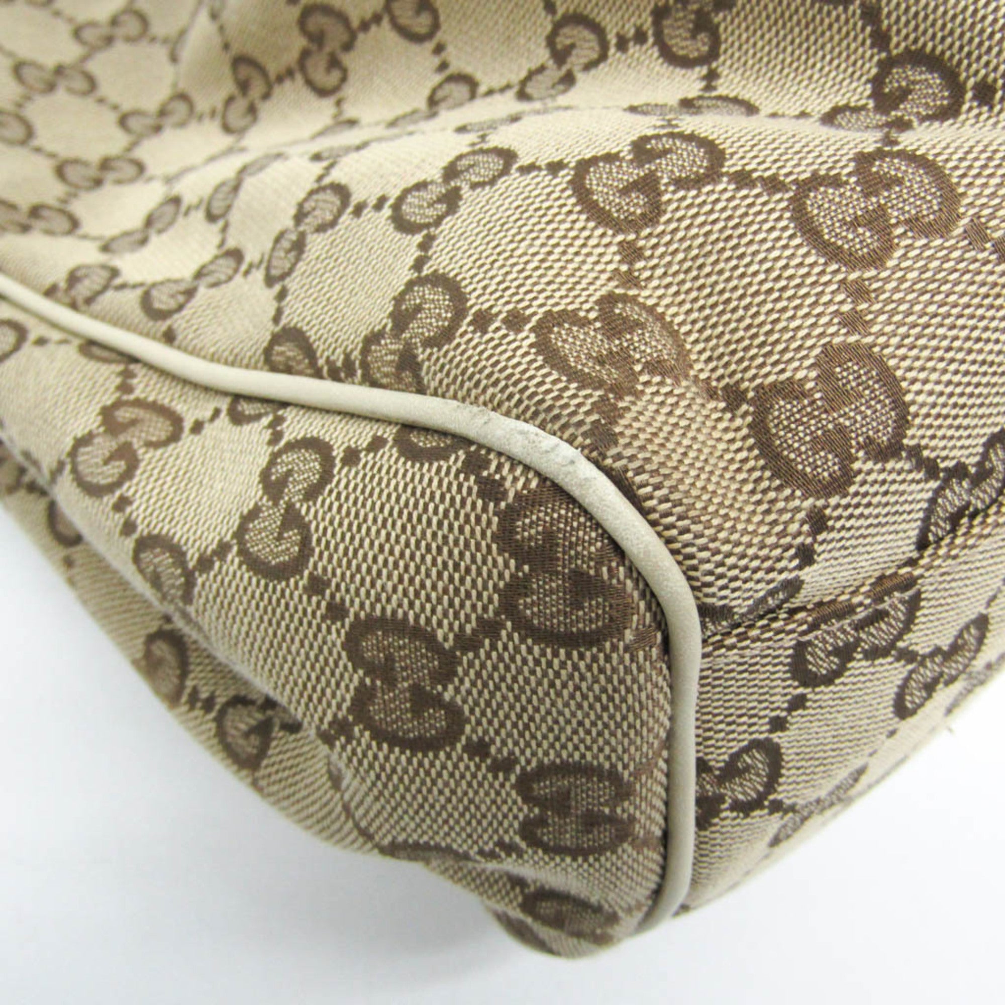 Gucci Beige Brown Cream Leather Canvas Handbag (Pre-Owned)