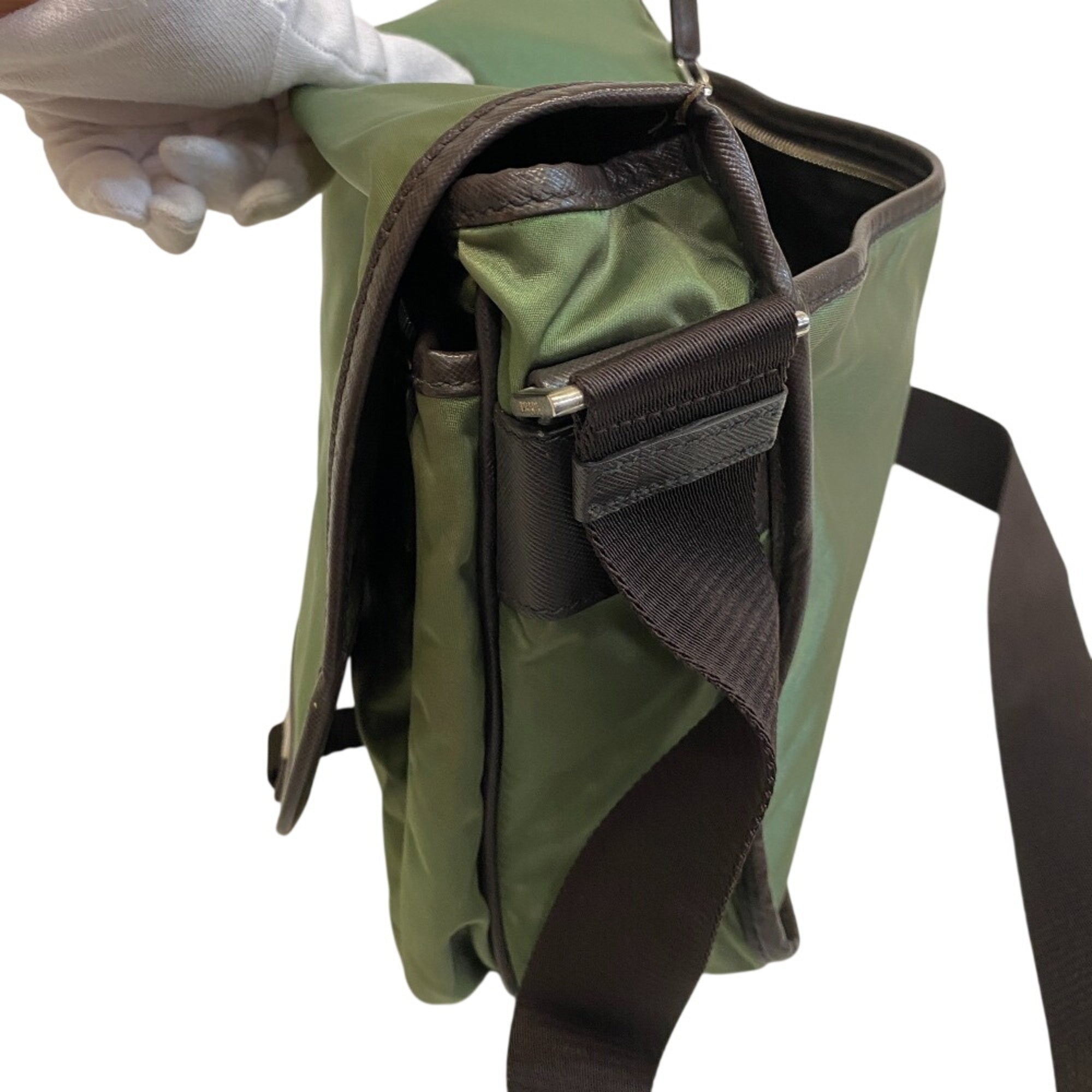 Prada Brown Green Nylon Leather Messenger Bag Shoulder Bag (Pre-Owned)