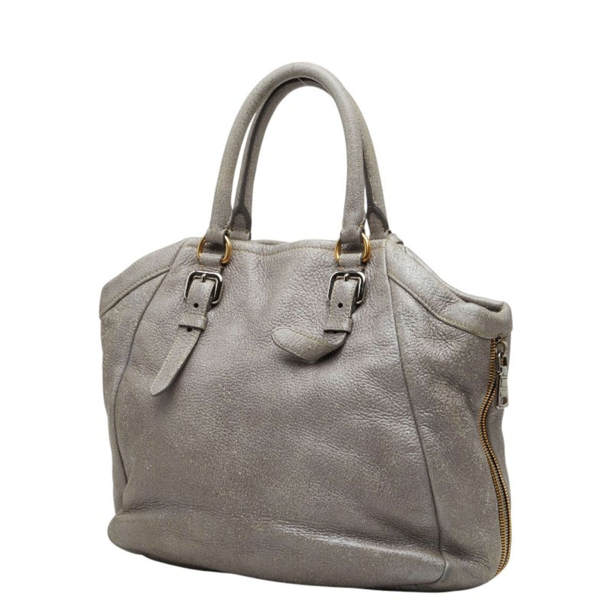 Prada Silver Gray Leather Shoulder Bag Tote Bag (Pre-Owned)