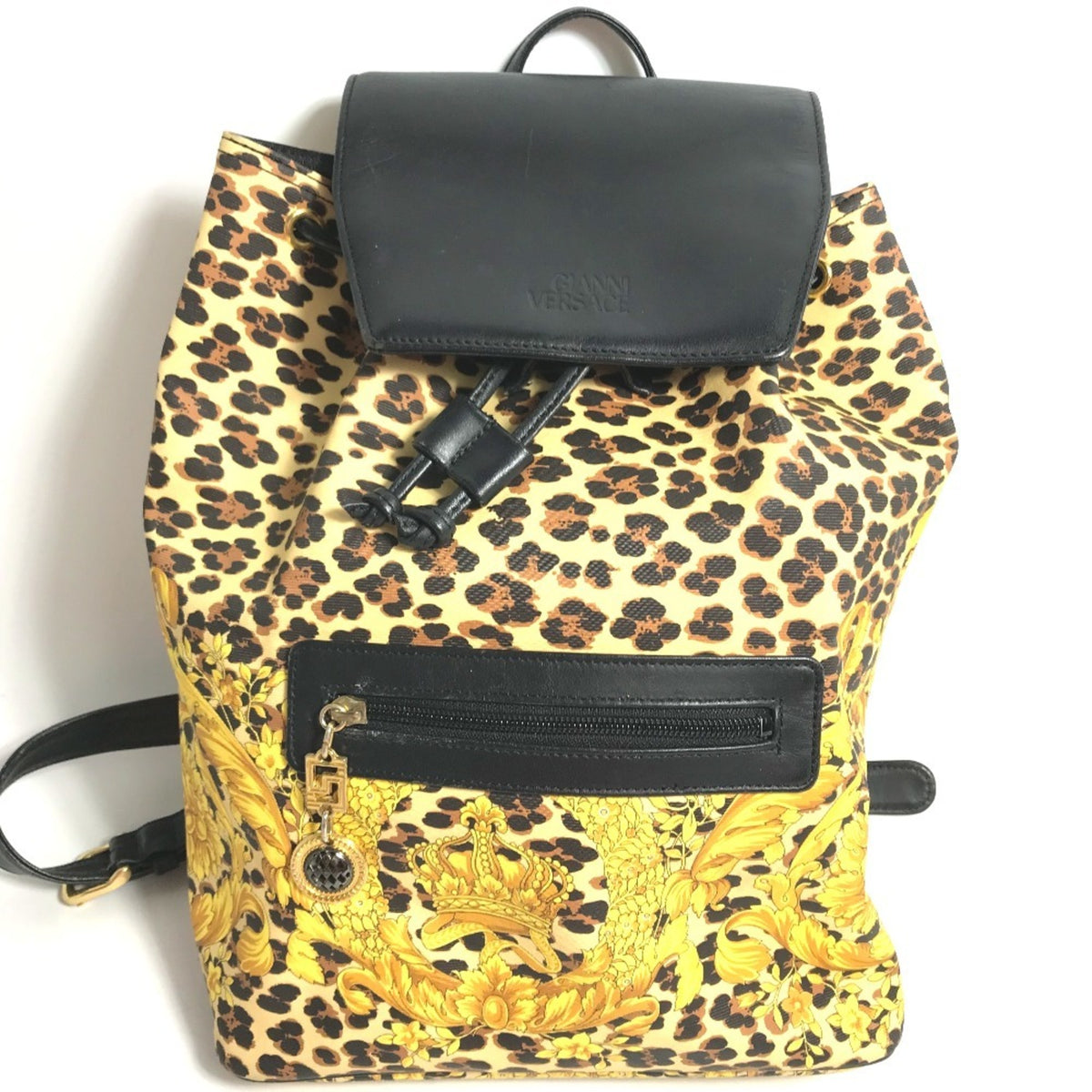 Versace Black Yellow Pvc Leather Backpack (Pre-Owned)