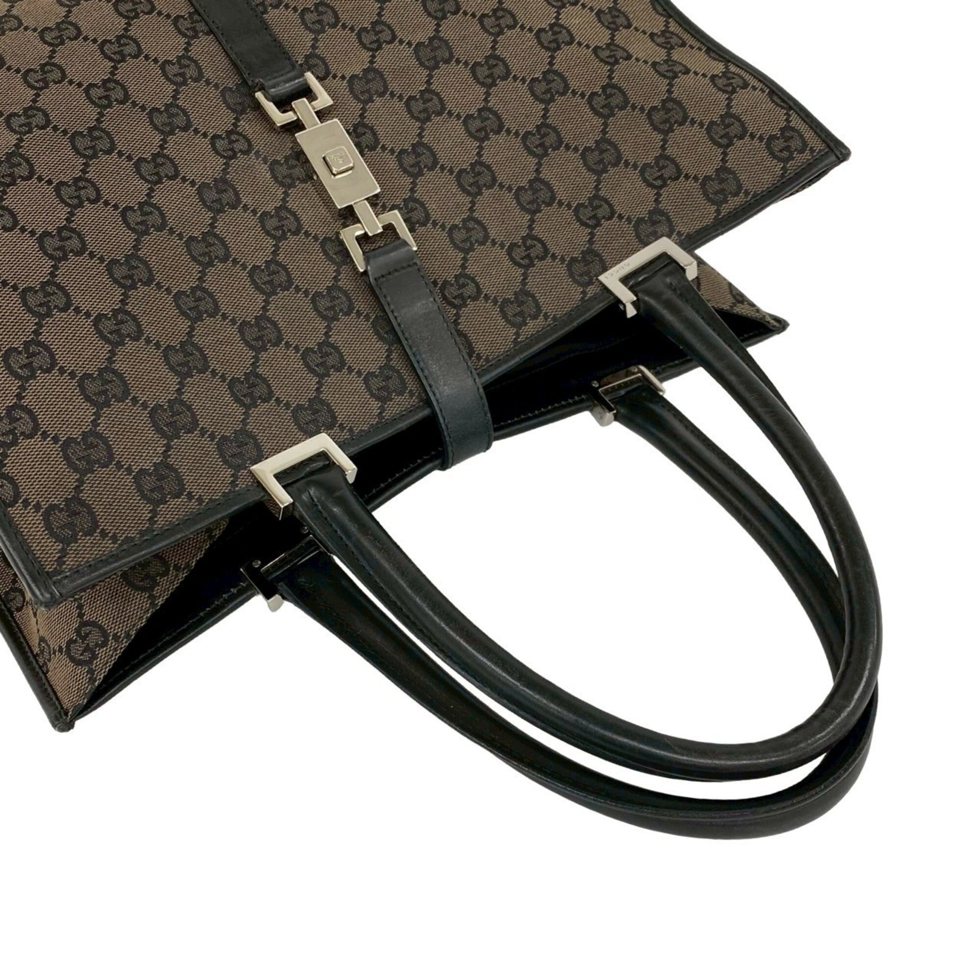Gucci Black Brown Leather Canvas Boston Bag Handbag (Pre-Owned)