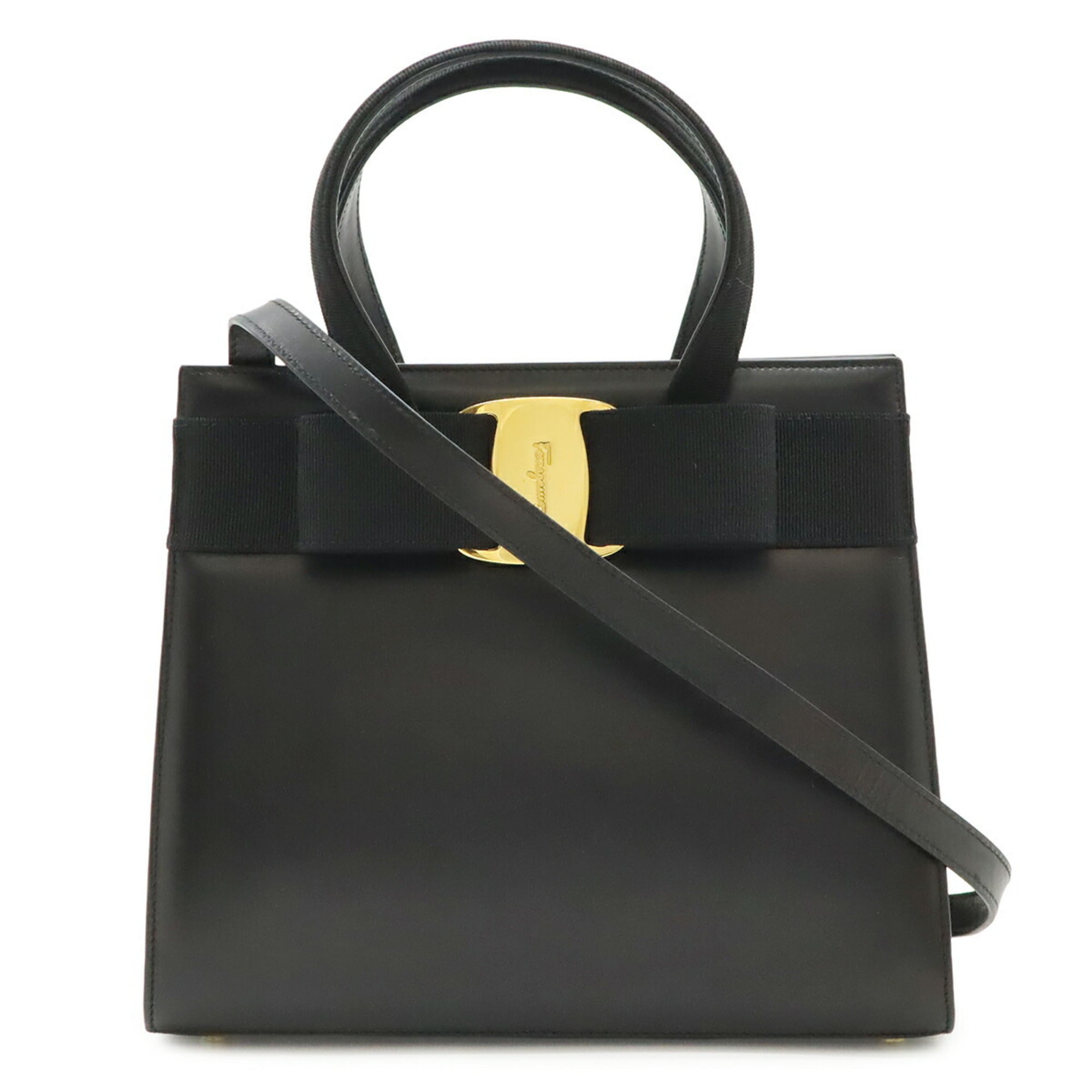 Salvatore Ferragamo Vara Black Leather Handbag Shoulder Bag (Pre-Owned)