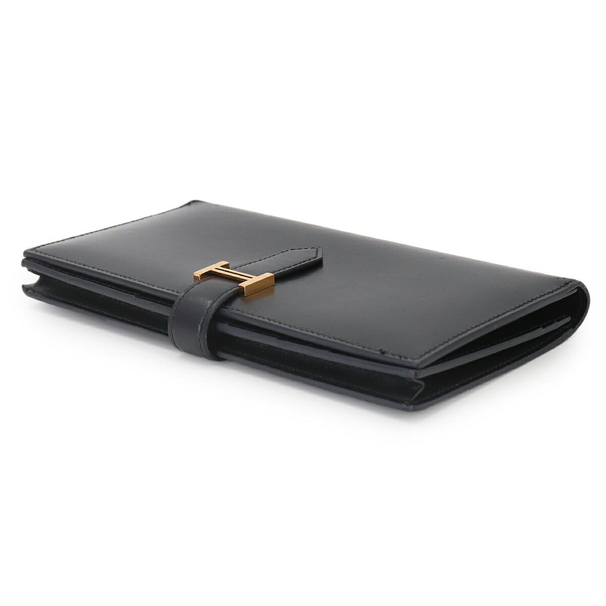 Hermes Black Box Calf Leather Long Wallet (Bi-Fold) (Pre-Owned)