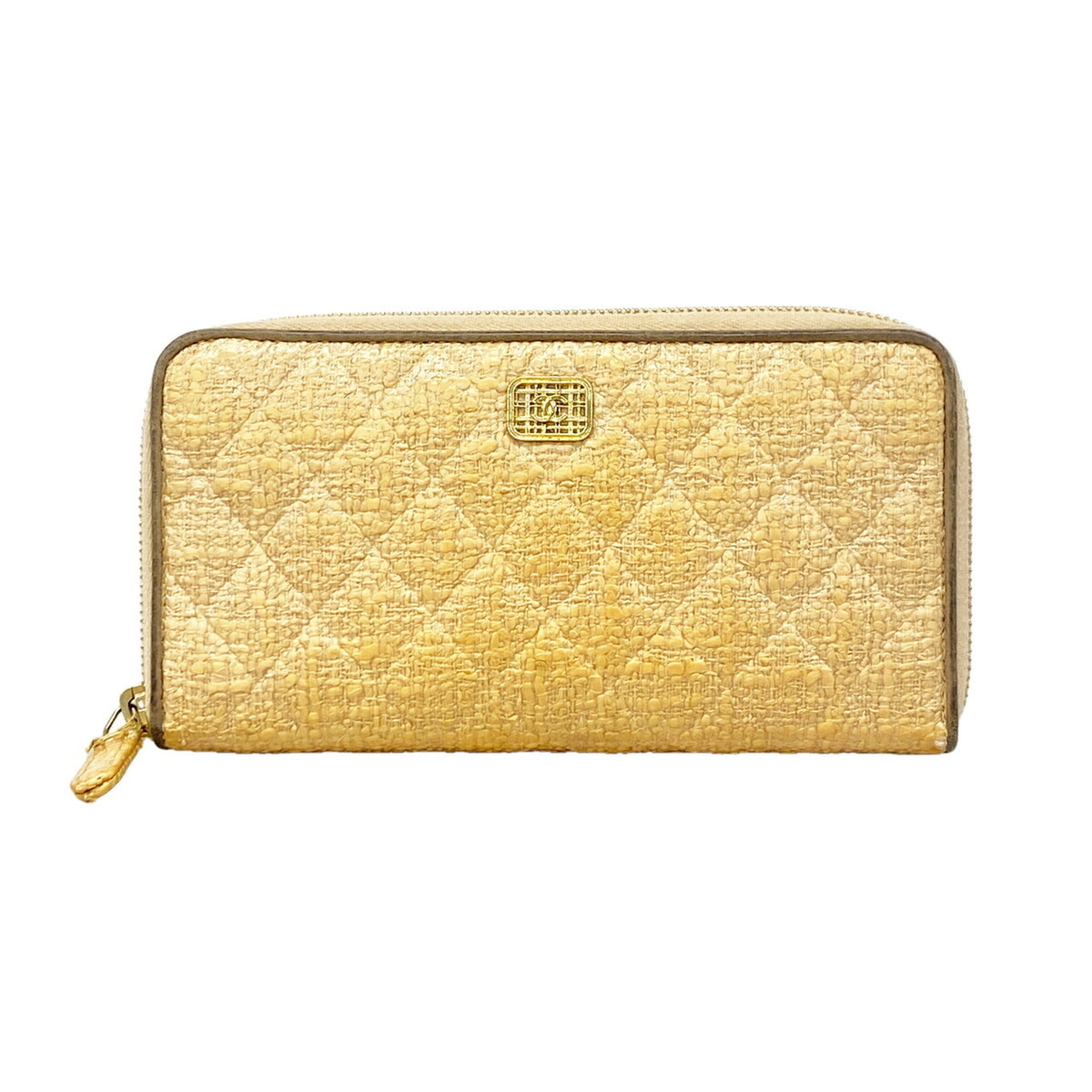 Chanel Beige Tweed Leather Long Wallet (Bi-Fold) (Pre-Owned)