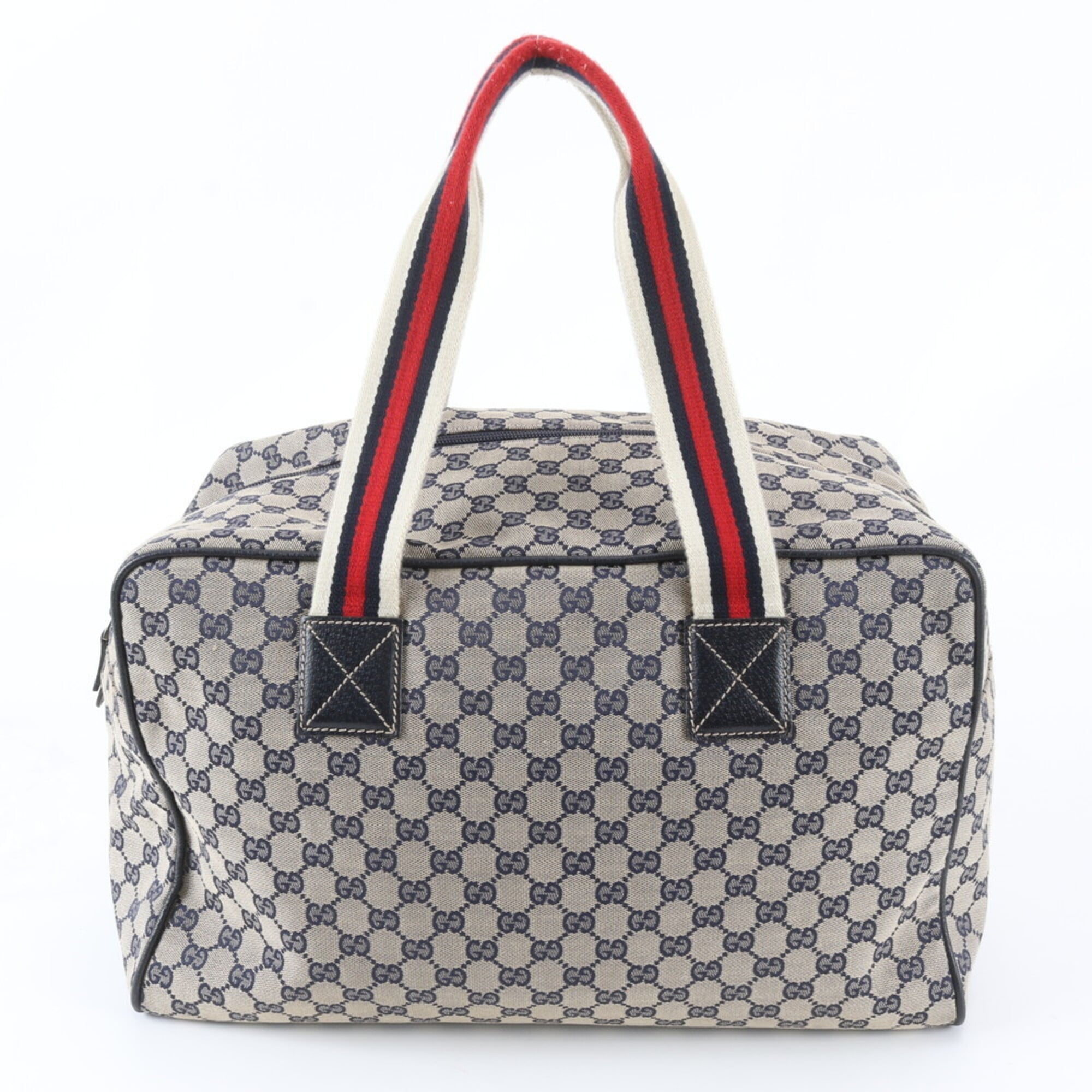 Gucci Beige Navy Leather Canvas Boston Bag Tote Bag (Pre-Owned)