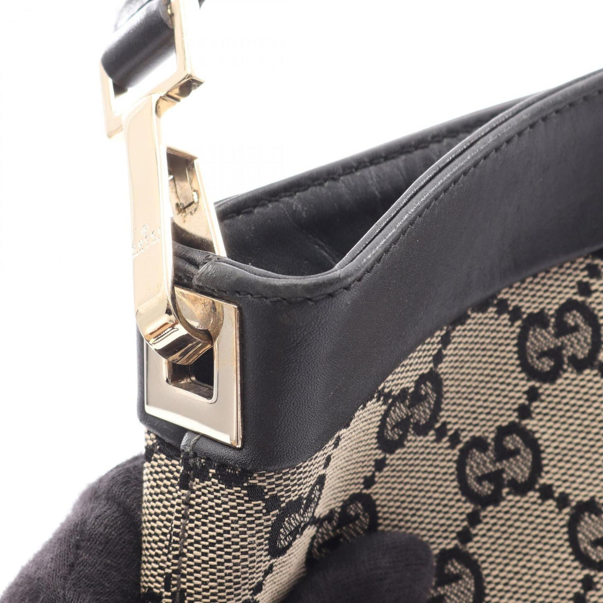 Gucci Beige Black Canvas Leather Shoulder Bag (Pre-Owned)