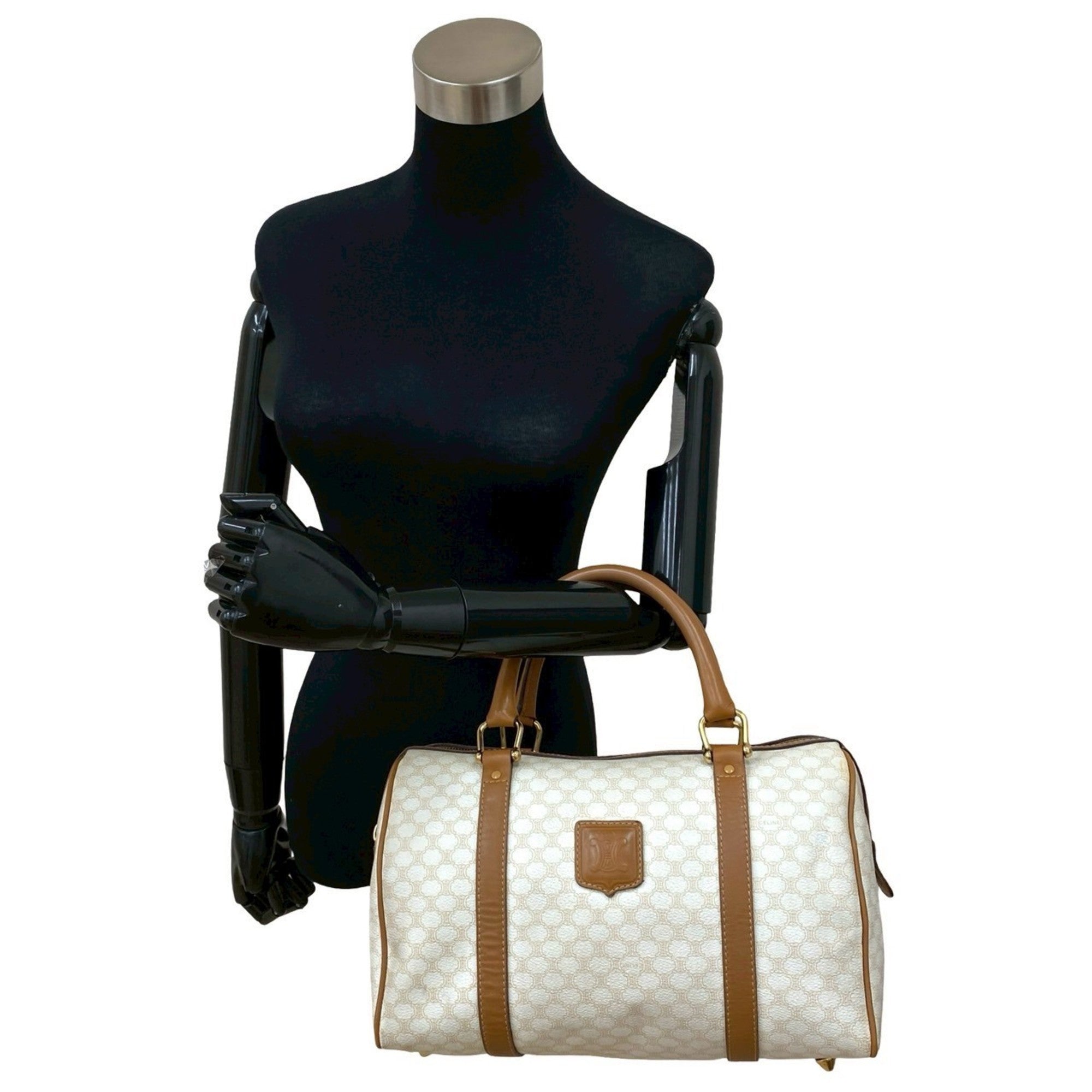 Celine Brown White Leather Pvc Boston Bag Handbag (Pre-Owned)