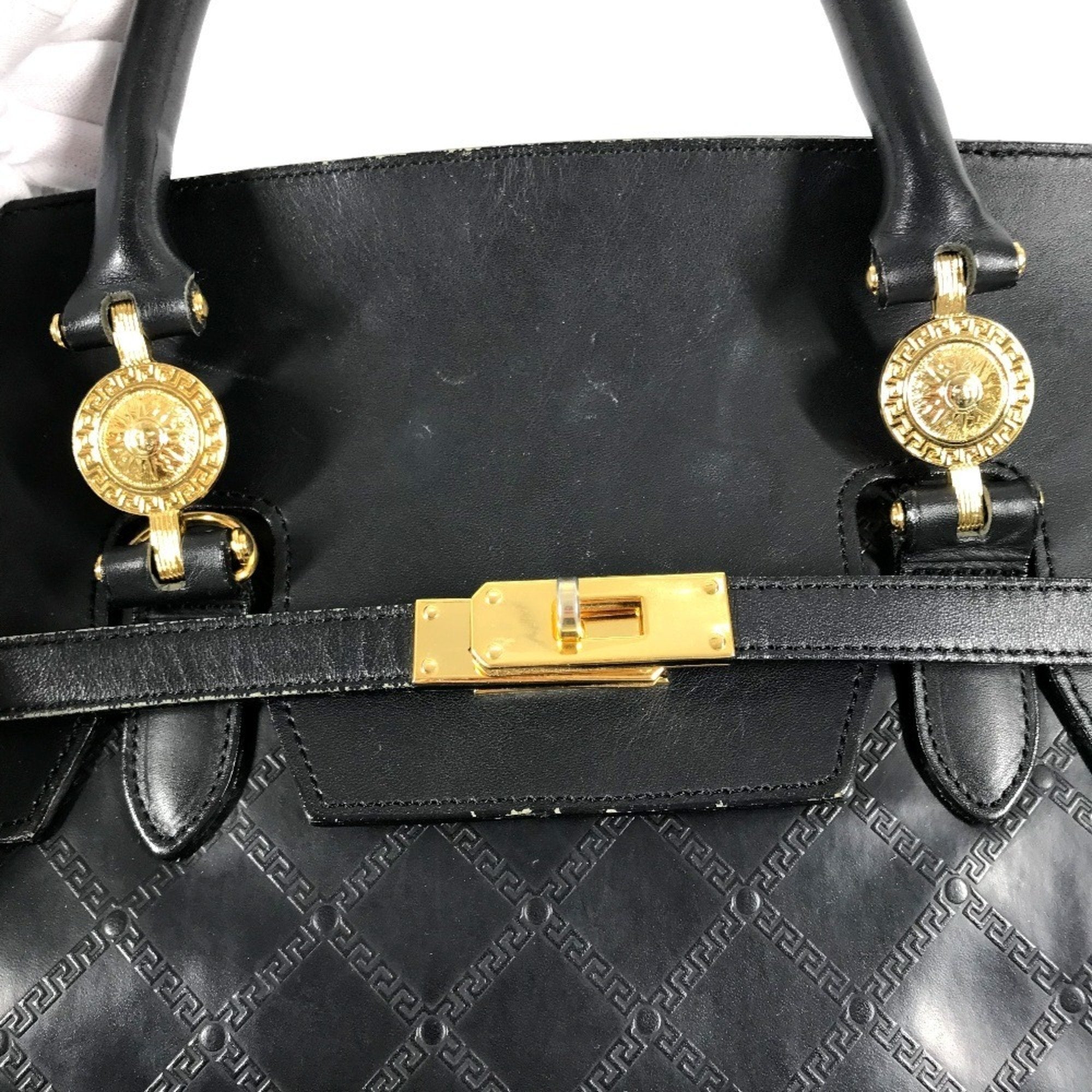 Versace Black Leather Handbag Shoulder Bag Tote Bag (Pre-Owned)