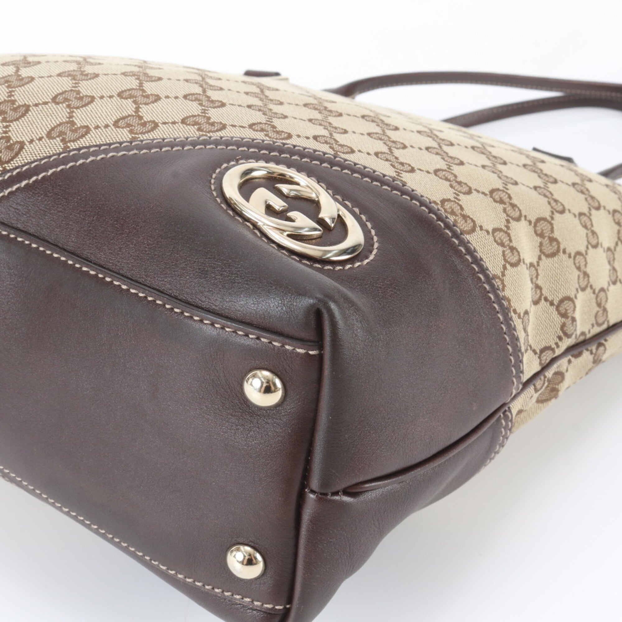 Gucci Brown Leather Canvas Handbag Shoulder Bag Tote Bag (Pre-Owned)