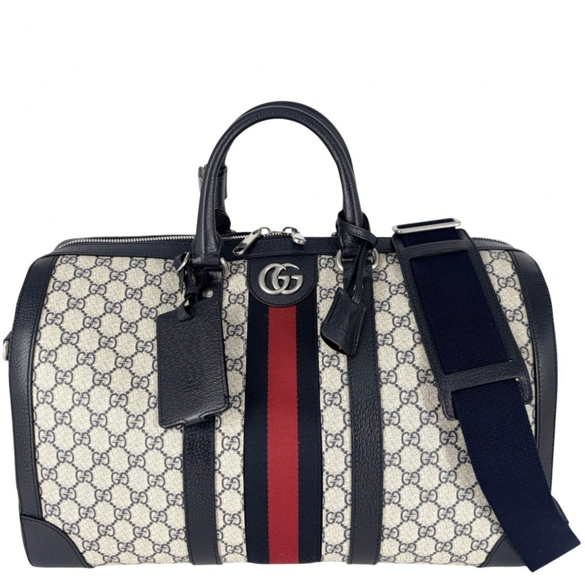 Gucci Beige Navy Gg Supreme Leather Boston Bag Handbag Shoulder Bag (Pre-Owned)