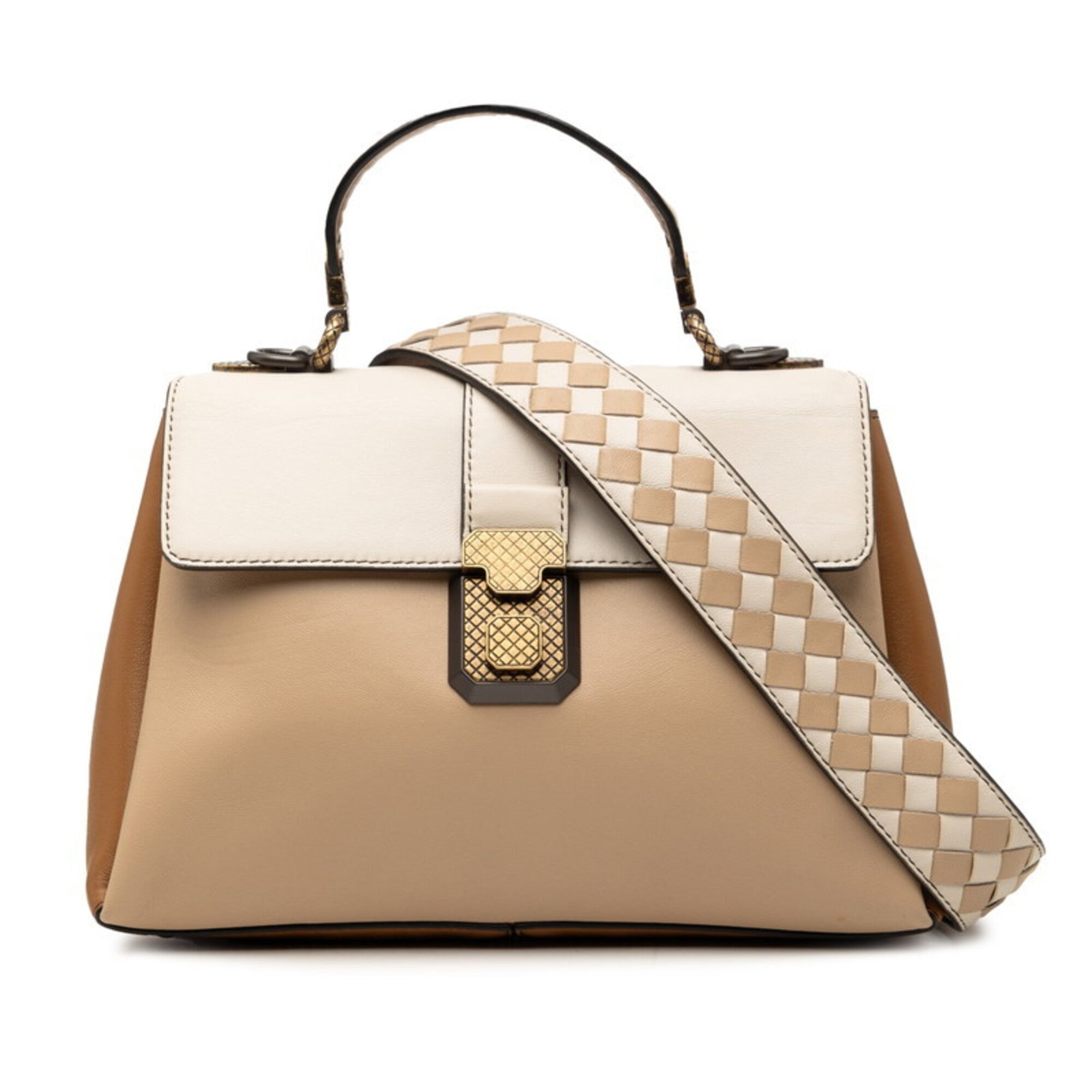 Bottega Veneta Beige Brown White Leather Handbag Shoulder Bag (Pre-Owned)