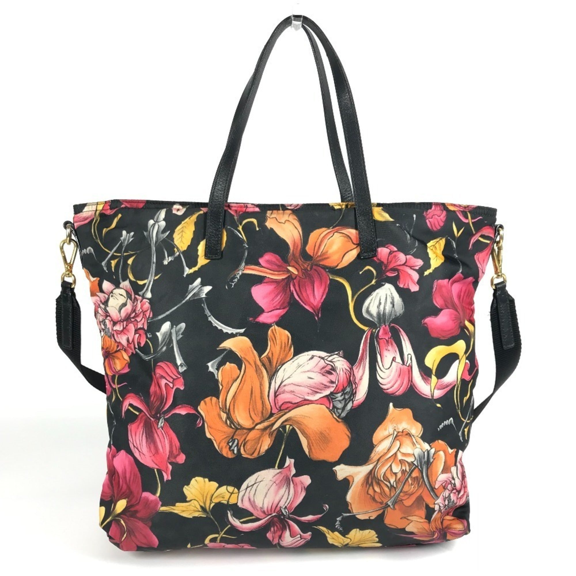 Prada Black Multi-Color Leather Nylon Handbag Shoulder Bag Tote Bag (Pre-Owned)