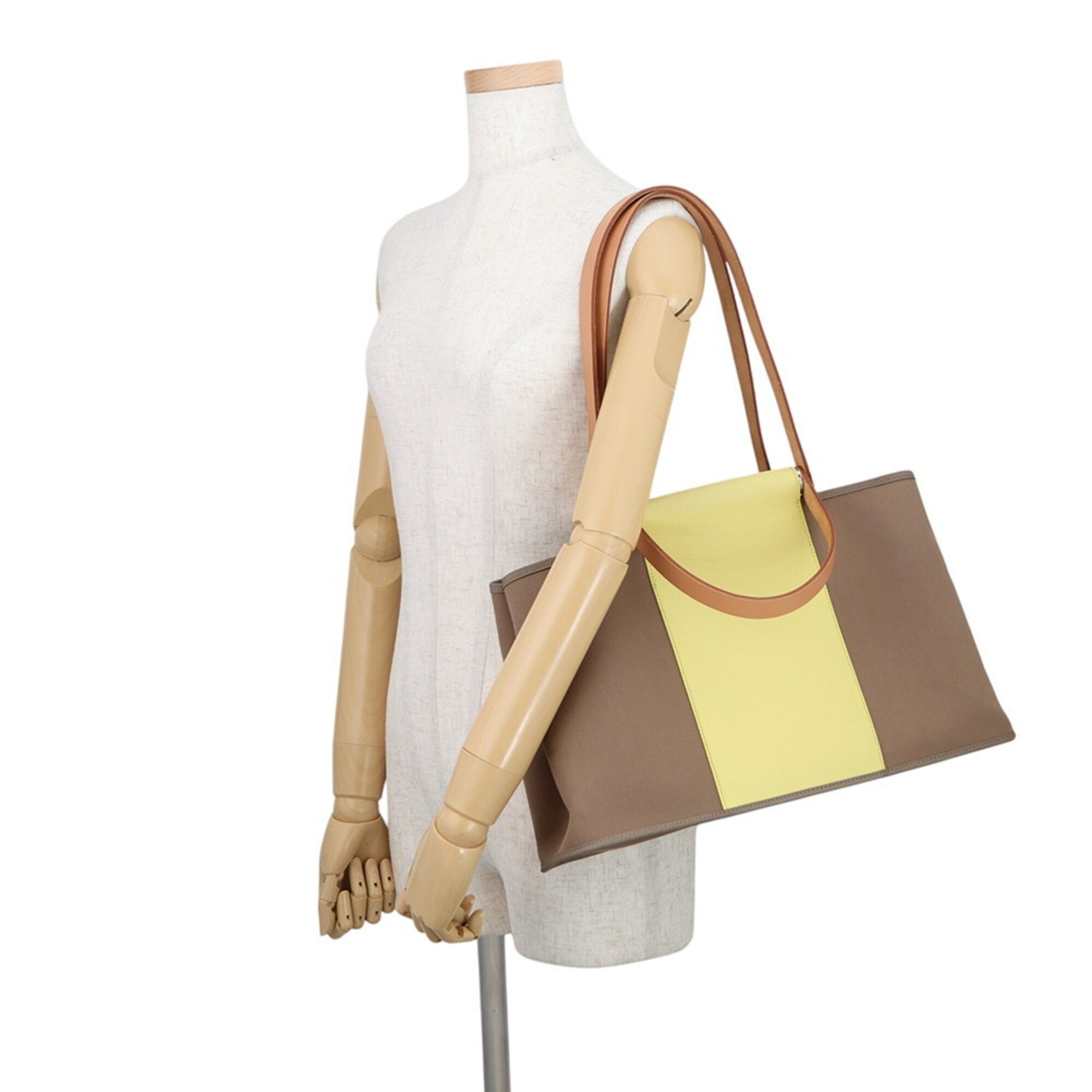 Hermes Cabag Etoupe Gray Yellow Toile Officier Leather Handbag Tote Bag (Pre-Owned)