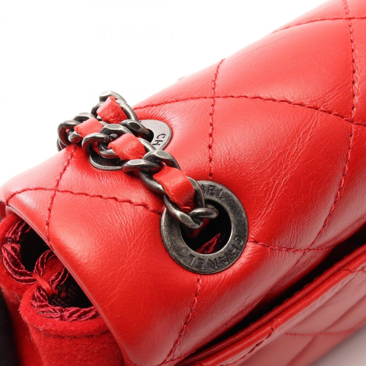 Chanel Red Color Leather Wool Handbag Shoulder Bag (Pre-Owned)