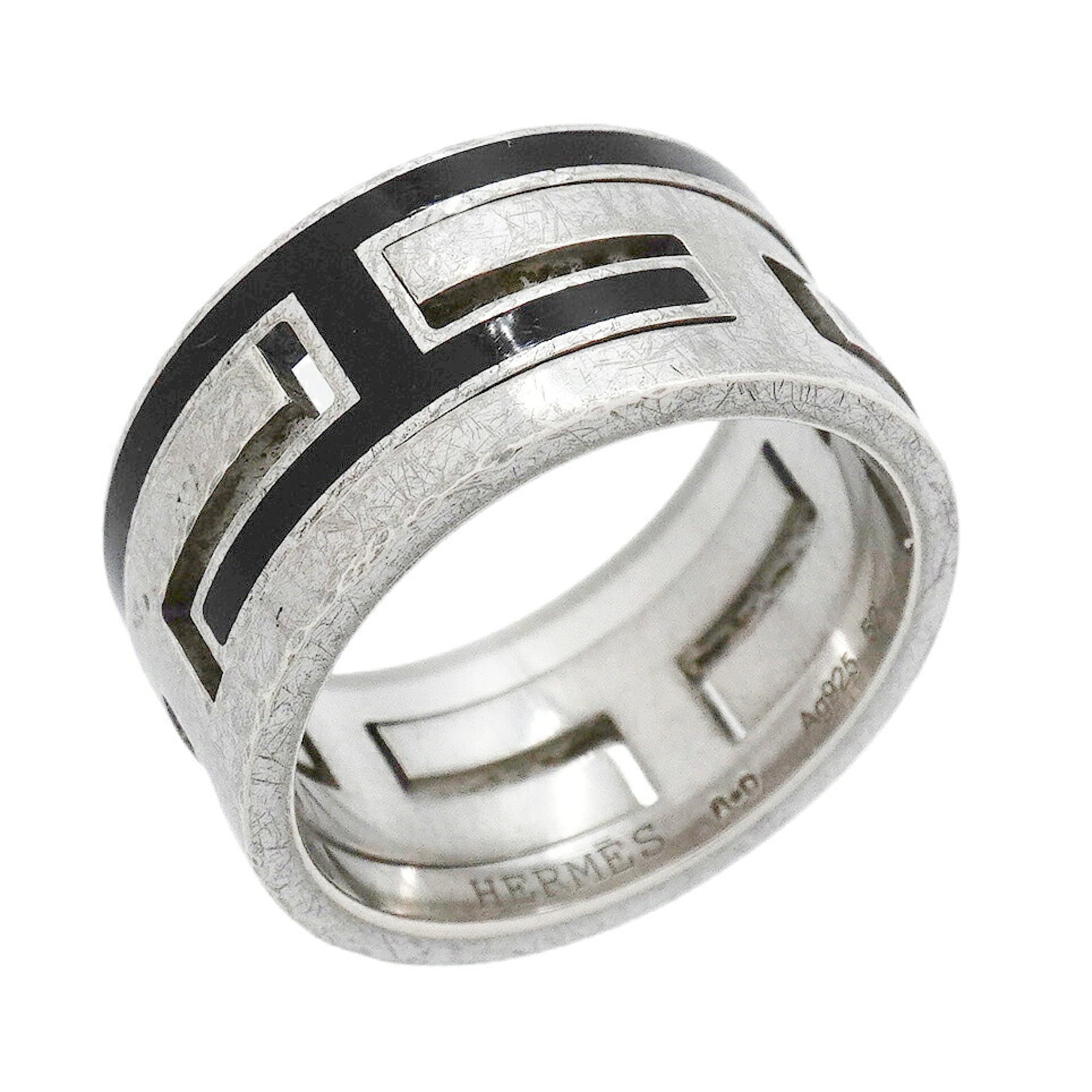 Hermes Black Silver 925 Band Ring (Pre-Owned)