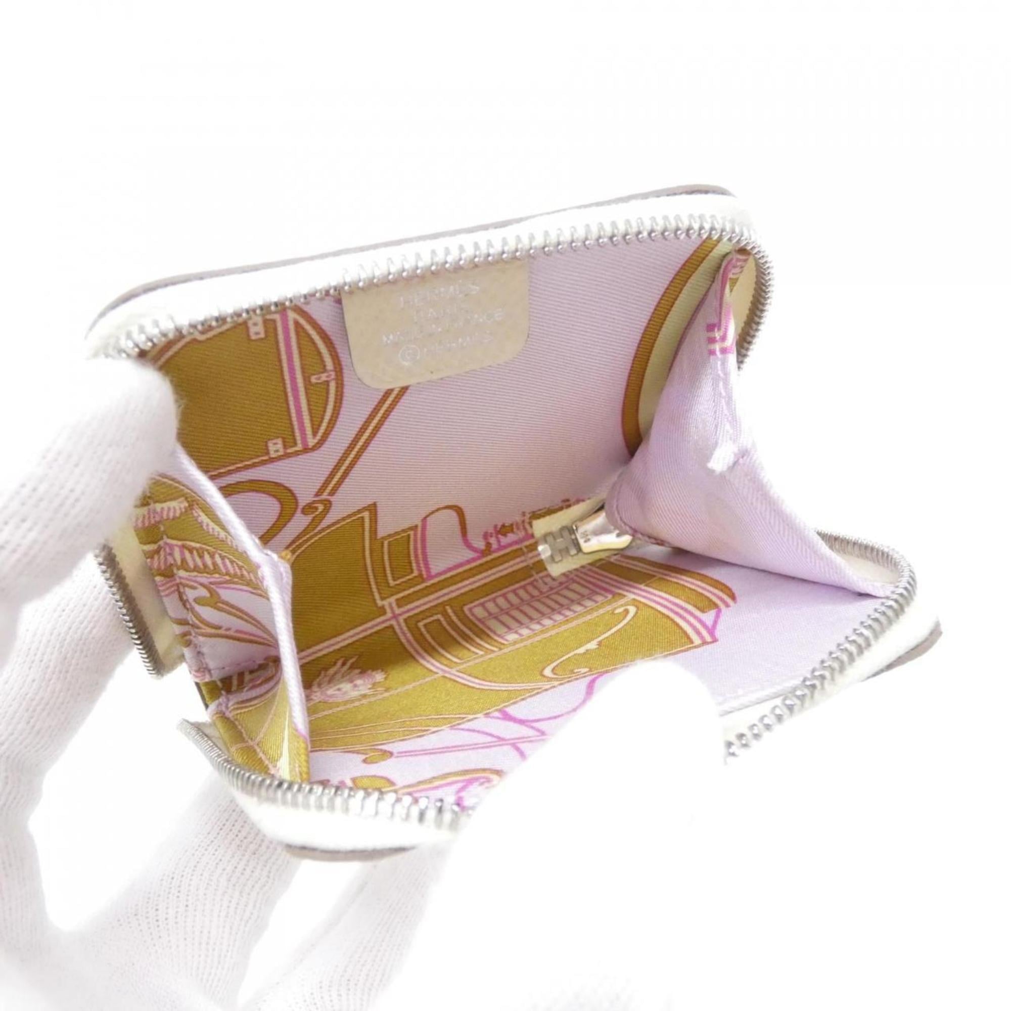 Hermes White Epsom Leather Silk Coin Purse/Coin Case (Pre-Owned)
